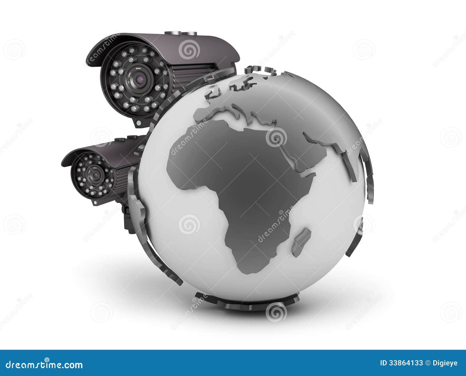Surveillance Cameras And Earth Globe On White Background Stock
