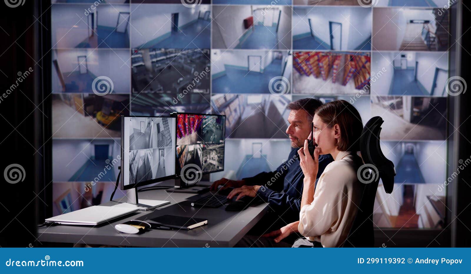 Surveillance Operator Controls Multiple CCTV Cameras Stock Photo
