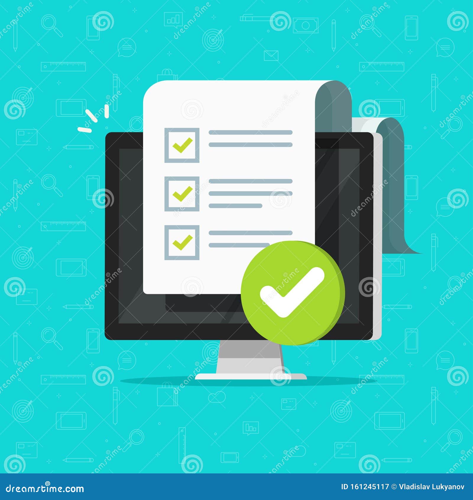 survey checklist form or complete task list on computer  , flat cartoon pc with checkmarks document or