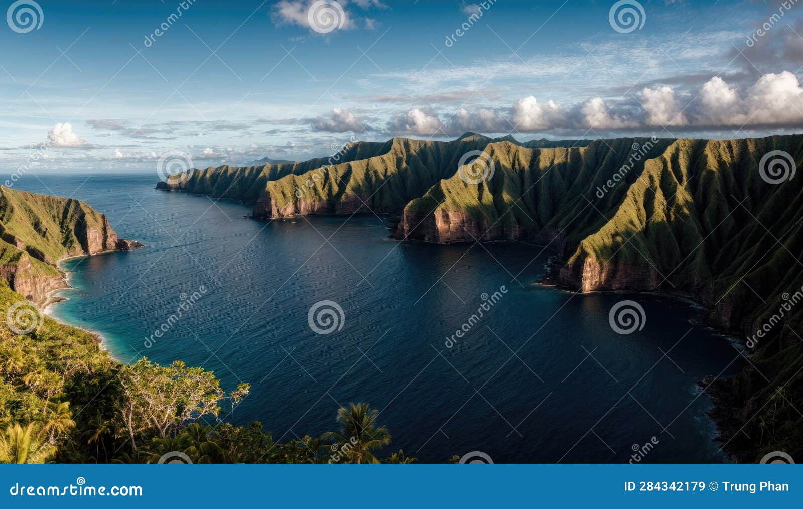 aerial view of major cliffs on tropical island paradise