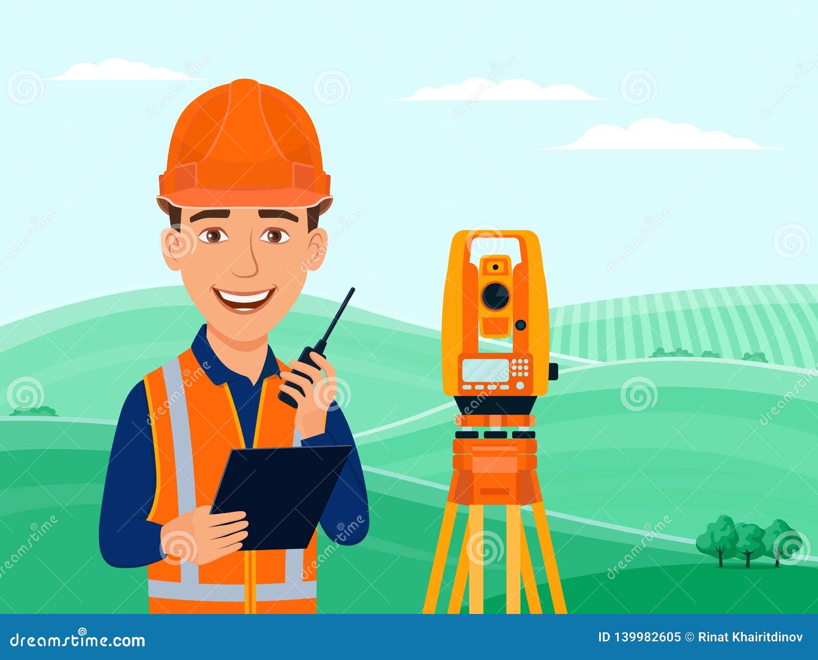 surveyor, cadastral engineer, cartographer, cartoon smile character, theodolite, total station, surveying equipment.