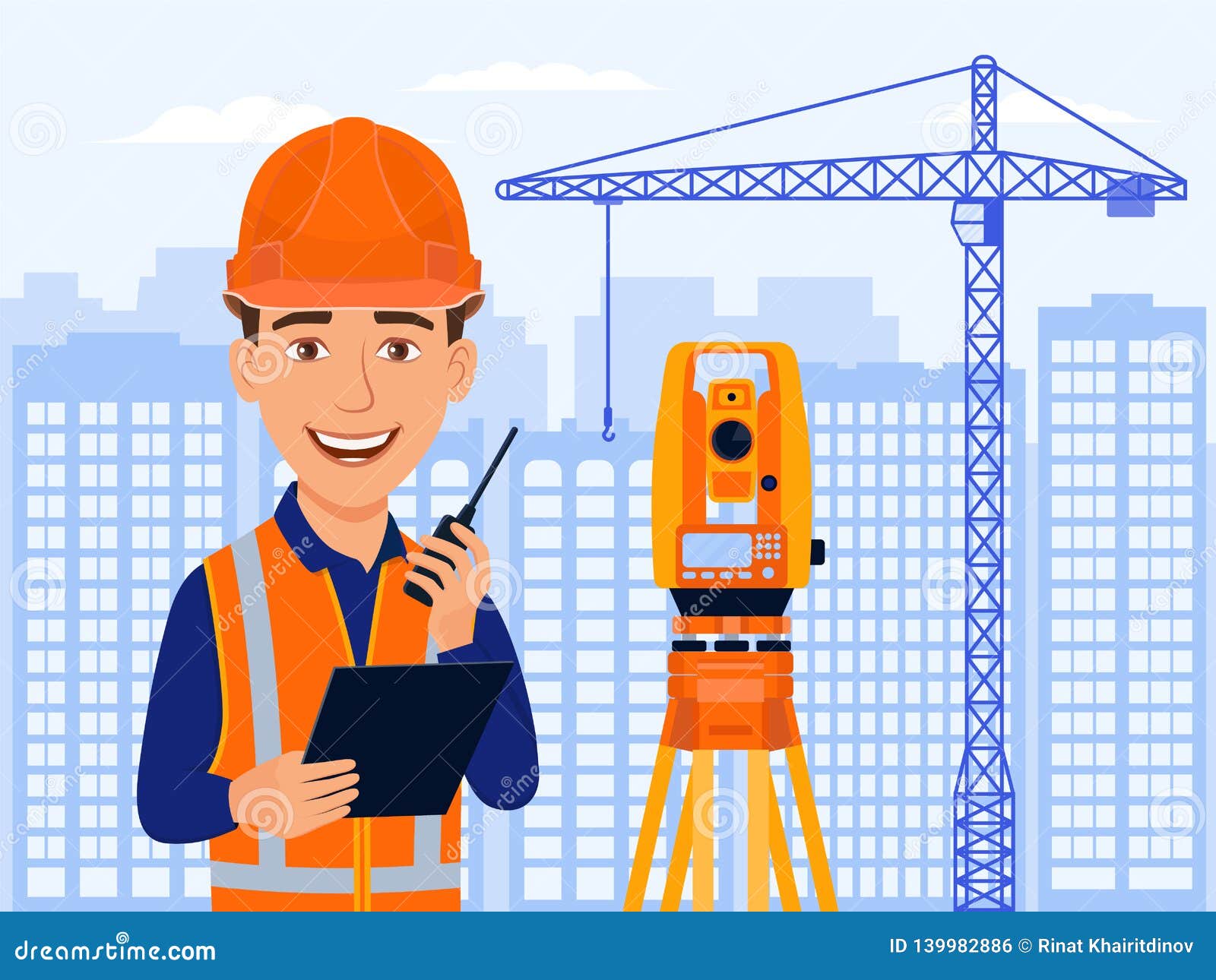 surveyor, cartographer, cartoon smile character with total station and measurements equipment. city view, construction crane..