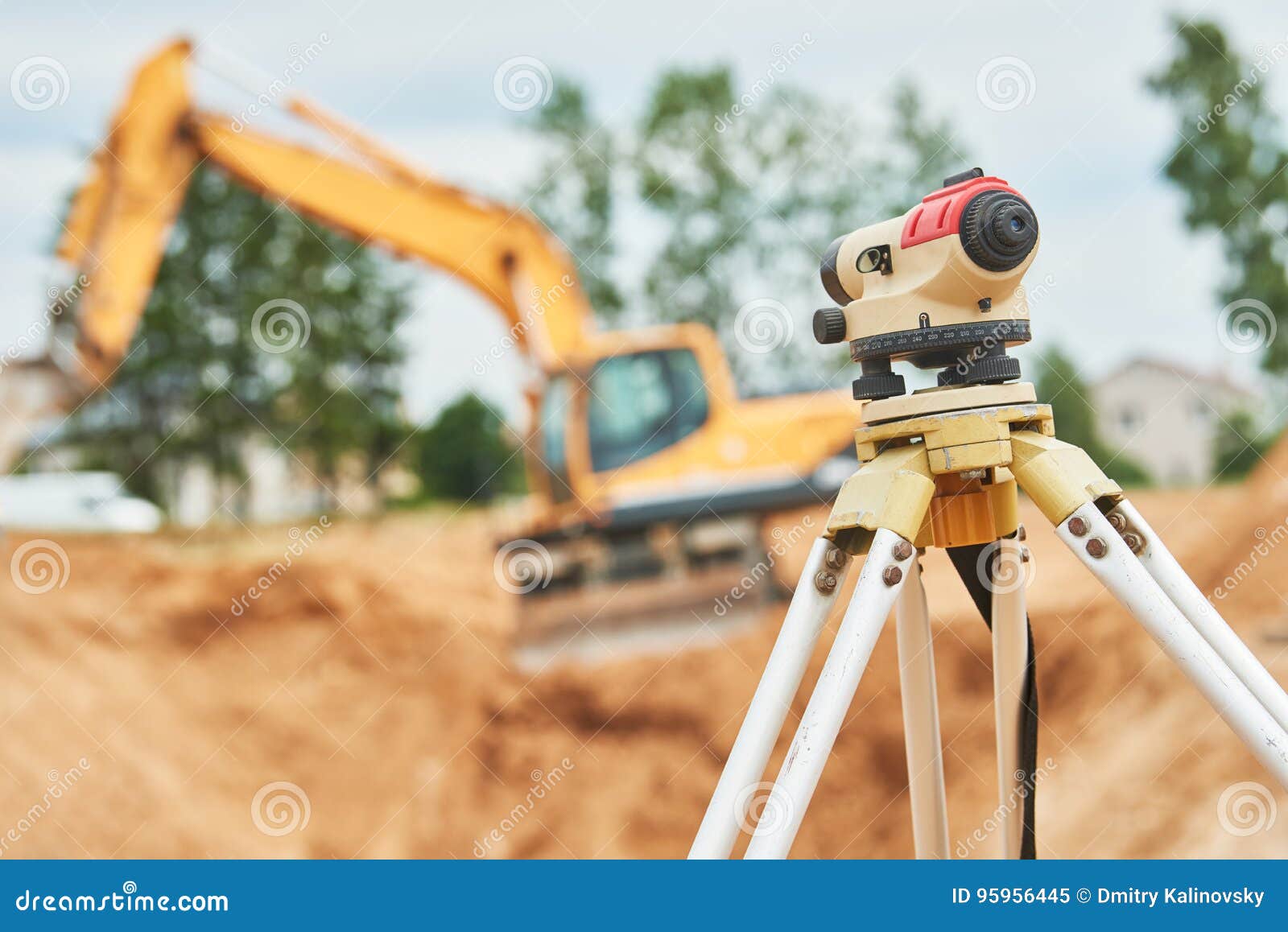 Surveyor Equipment Level Outdoors at Construction Site Stock Image