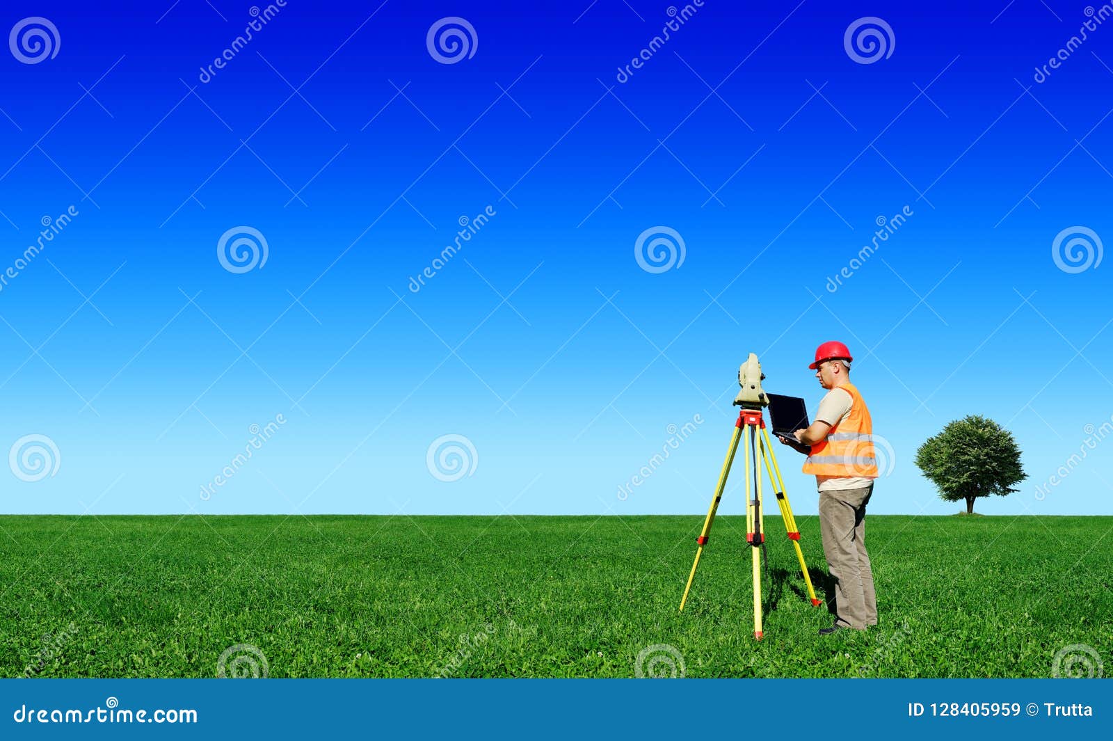 Surveyor on Green Field. Blue Sky in Background. Stock Image Image of