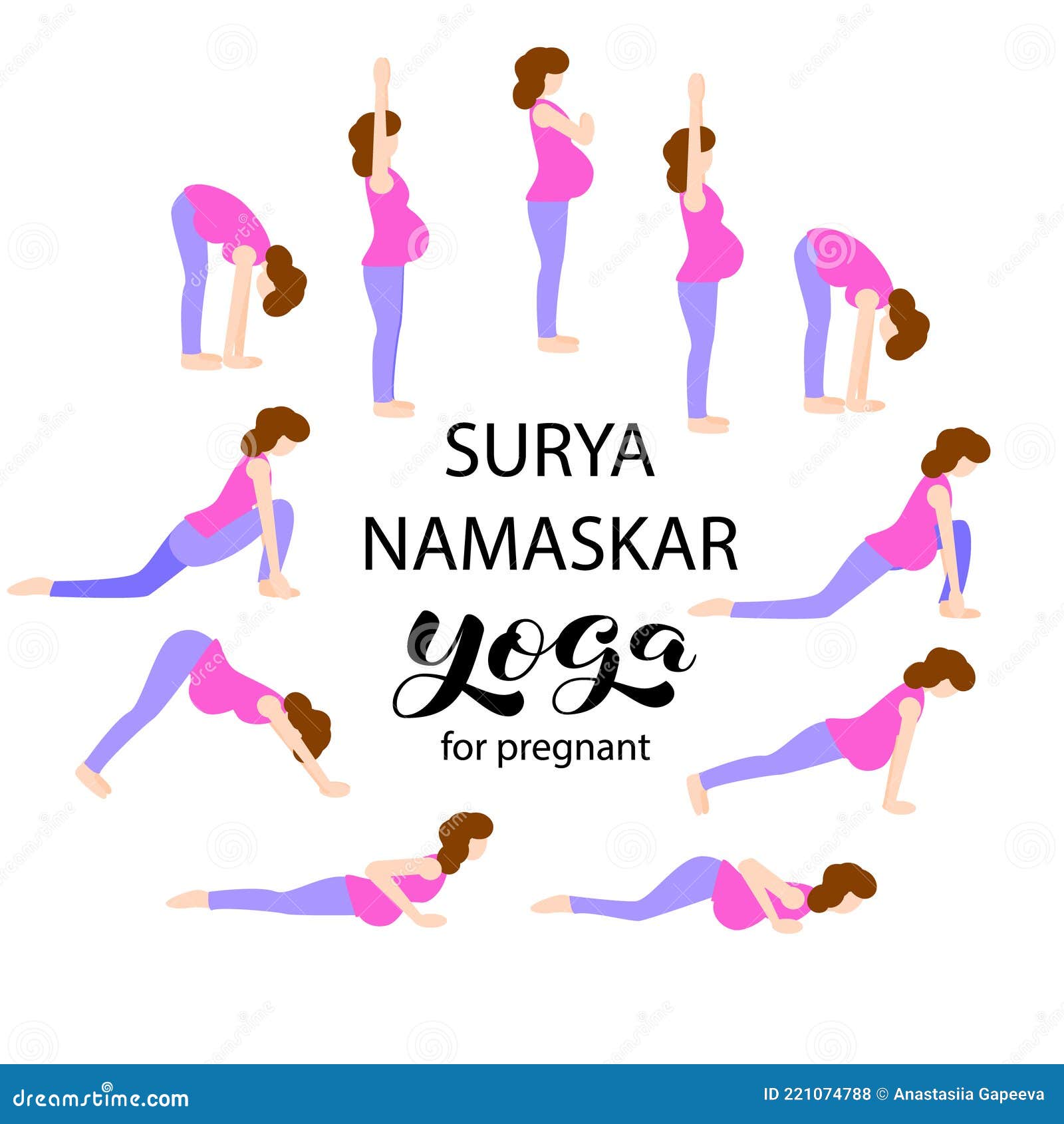 Surya Namaskar Yoga Poster. Pregnant Woman Doing Yoga Practice Vector