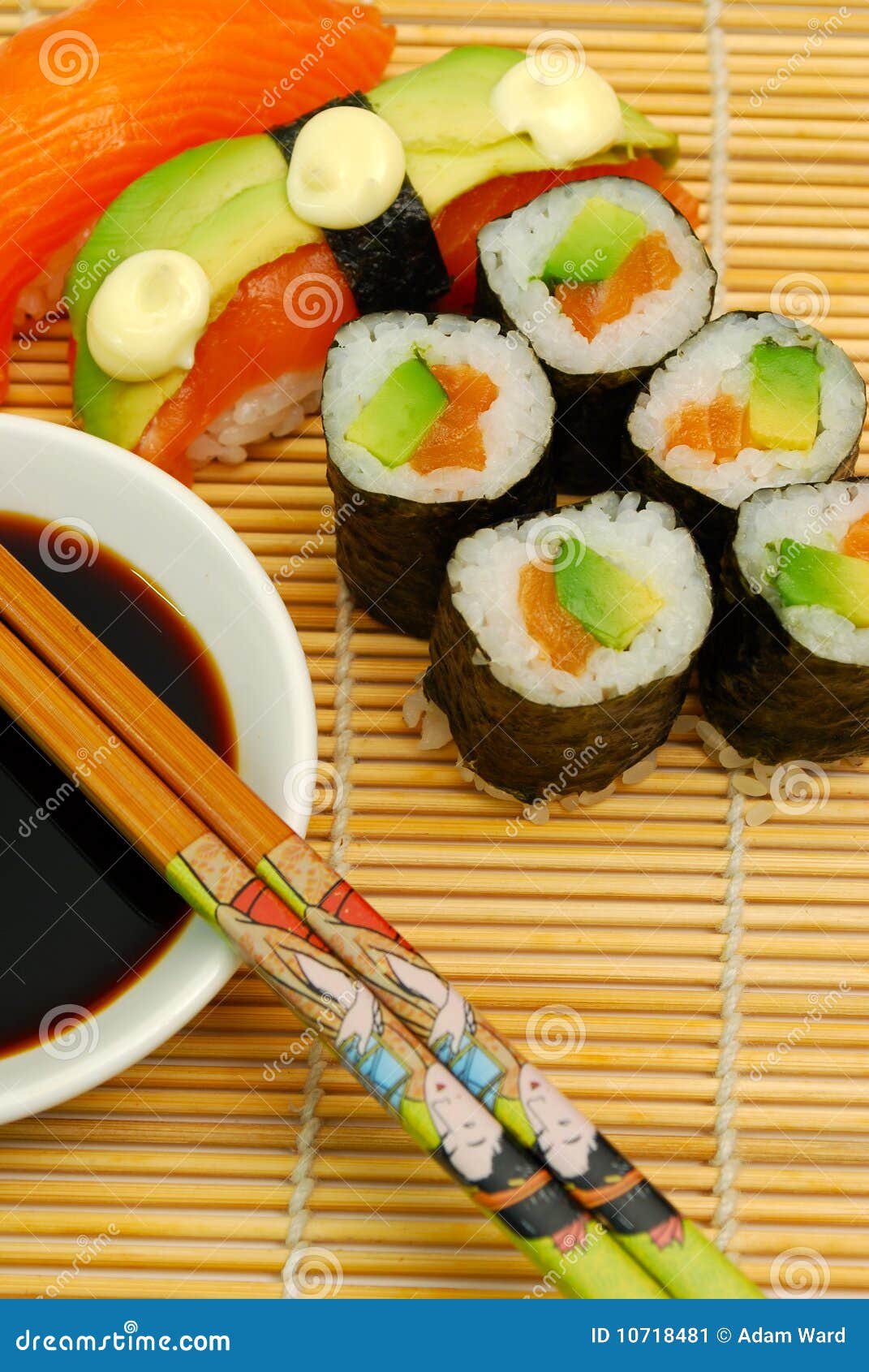 Sushi on bamboo mat stock image. Image of rice, asian 10718481