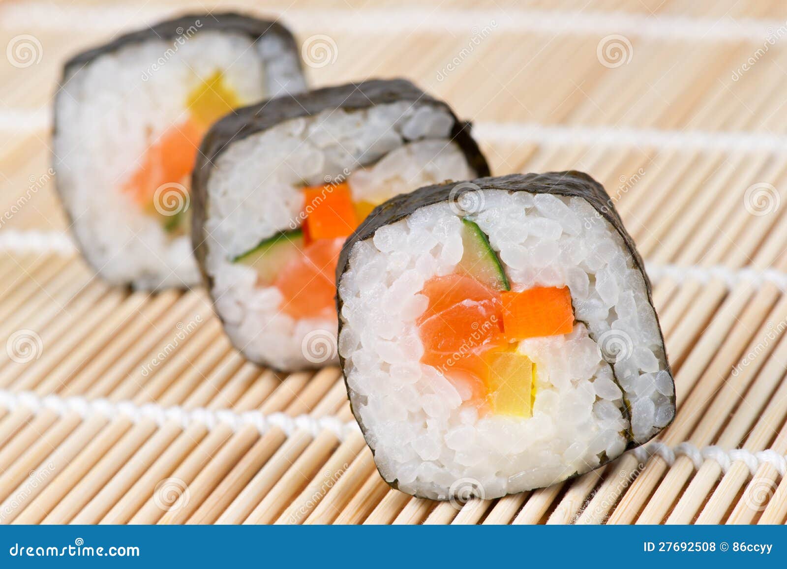 Sushi on bamboo mat stock photo. Image of healthy, rice 27692508