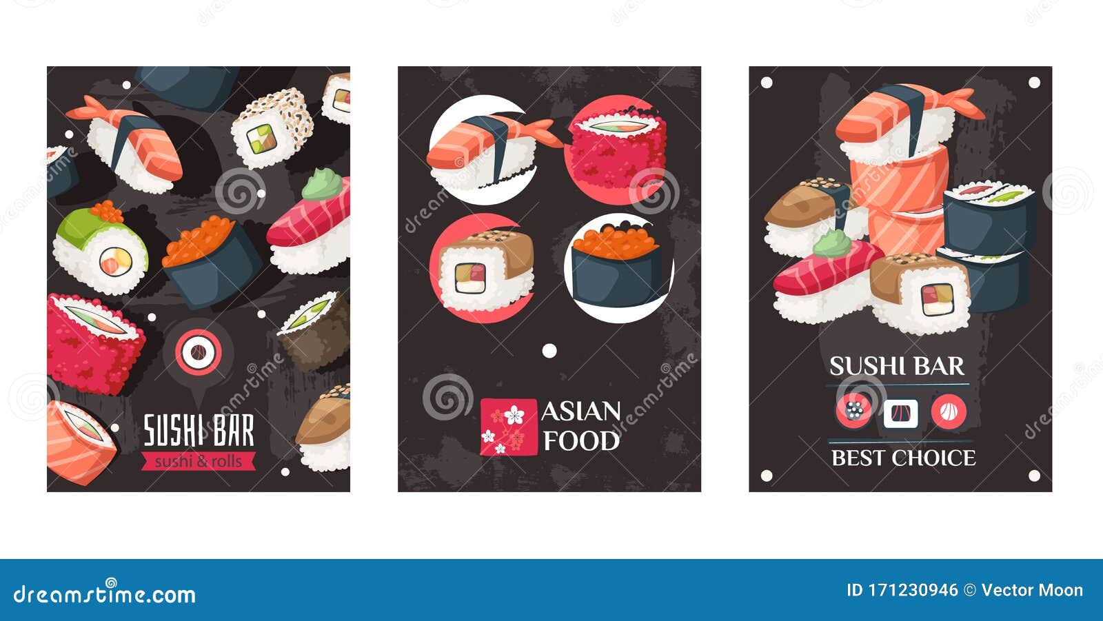sushi bar advertisement banners vector illustration asian food delivery japanese seafood restaurant rolls menu cover 171230946