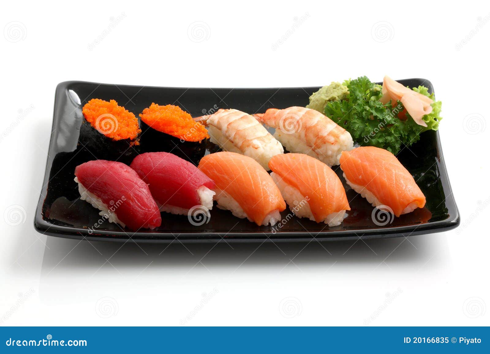Sushi on Black Dish Isolated in White Background Stock Image Image of