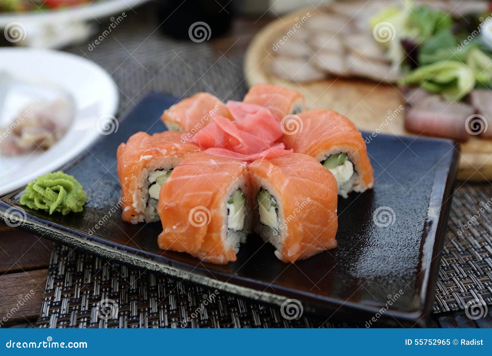 Sushi on a black plate stock image. Image of rice, dark 55752965