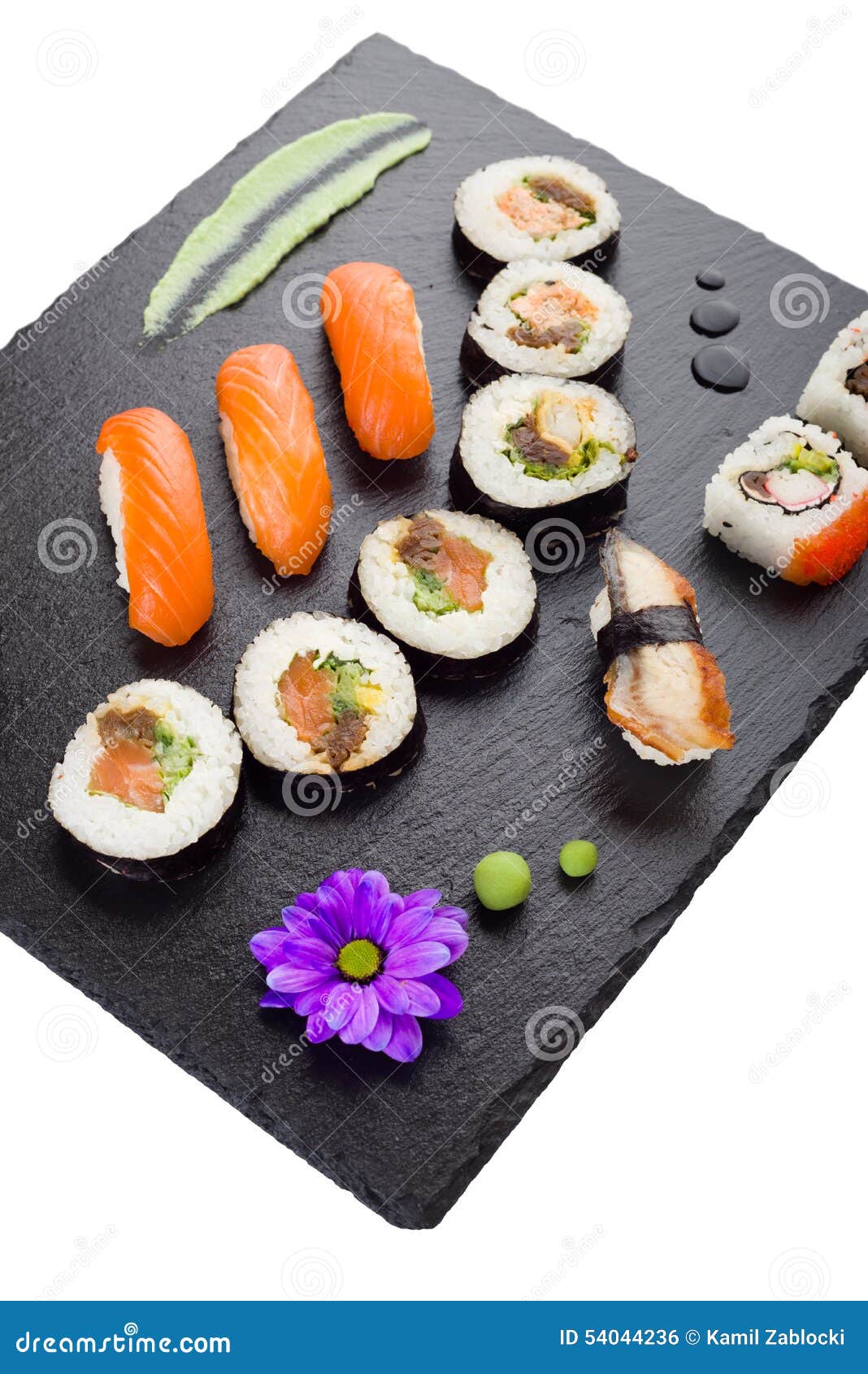 Sushi on Black Stone Plate Isolated Stock Photo Image of chopstick
