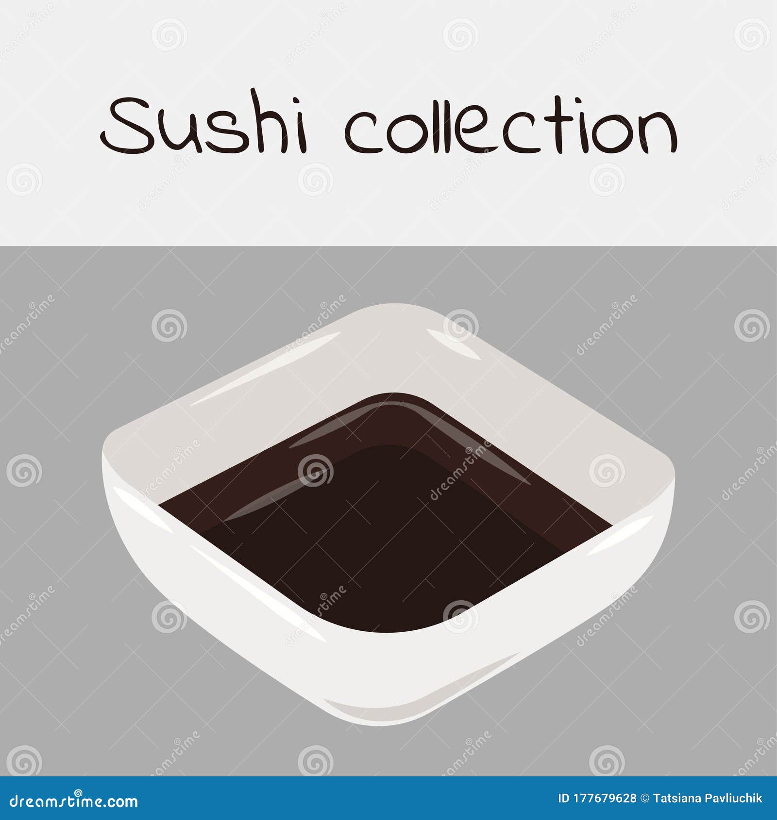 Sushi Collection. Soy Sauce, Teriyaki Sauce. Multicolored Art without a