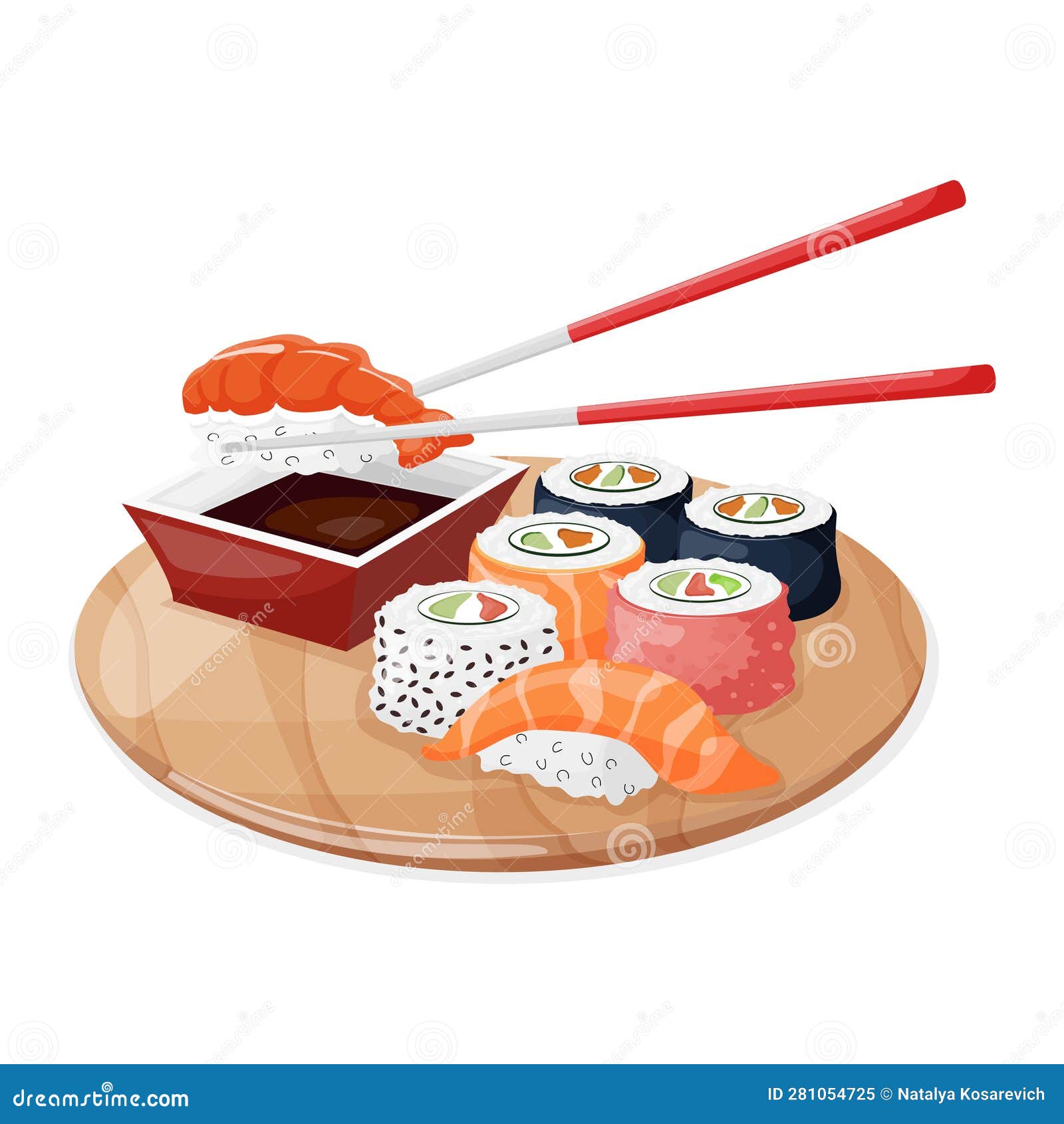 Sushi On The Wooden Plate With Chopsticks And Accessories Cartoon