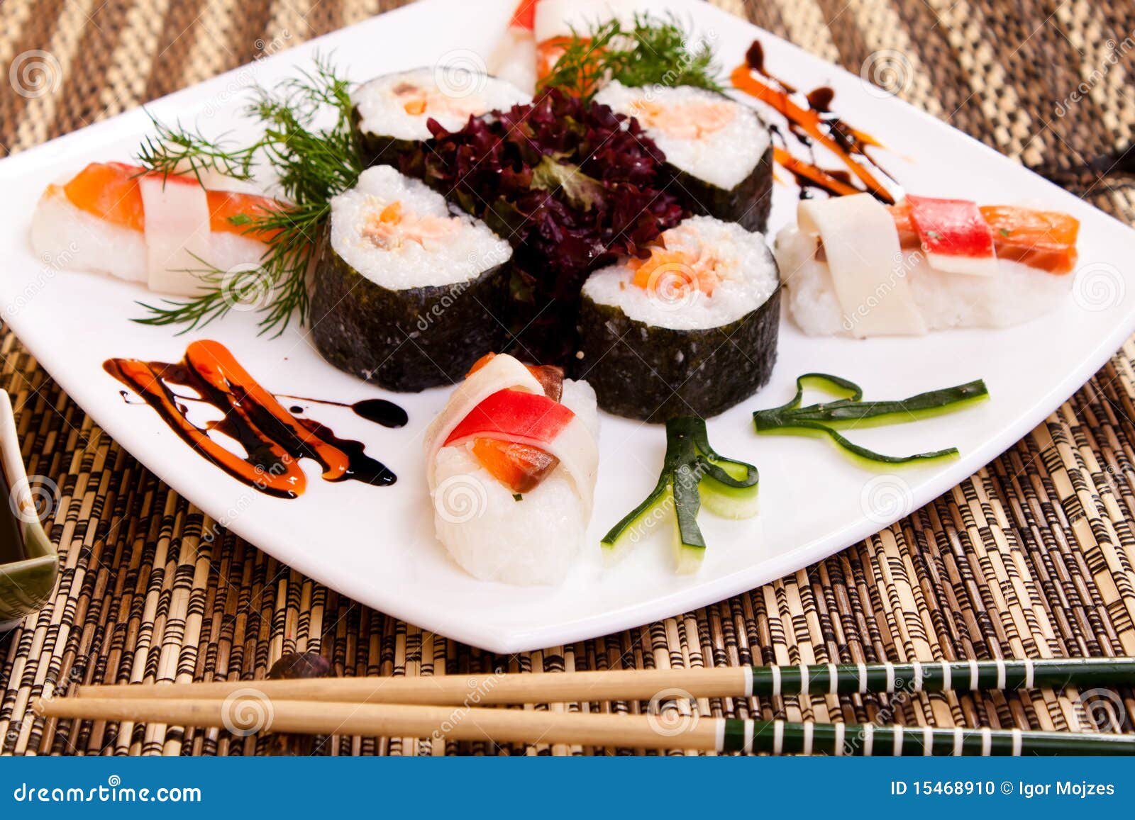 Sushi with decoration stock photo. Image of plate, rolls 15468910