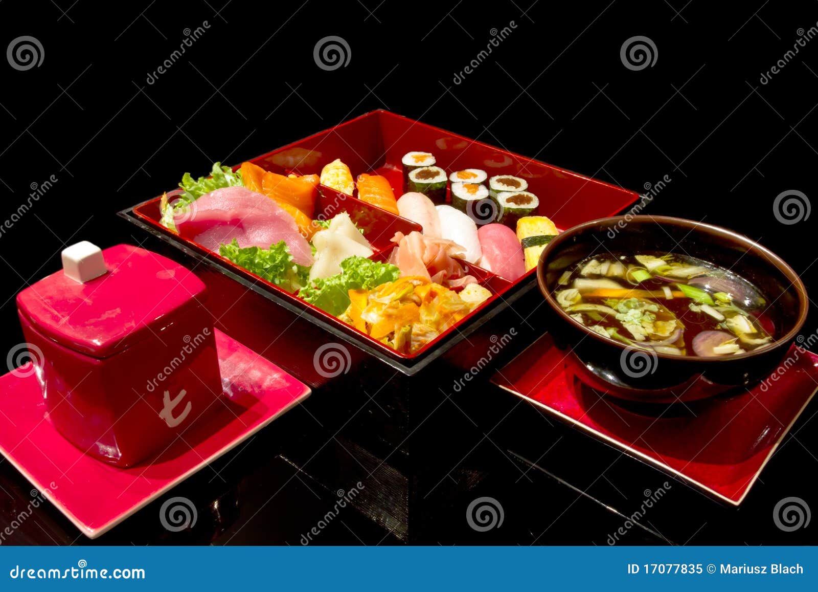 Sushi dinner set with soup stock image. Image of salmon 17077835