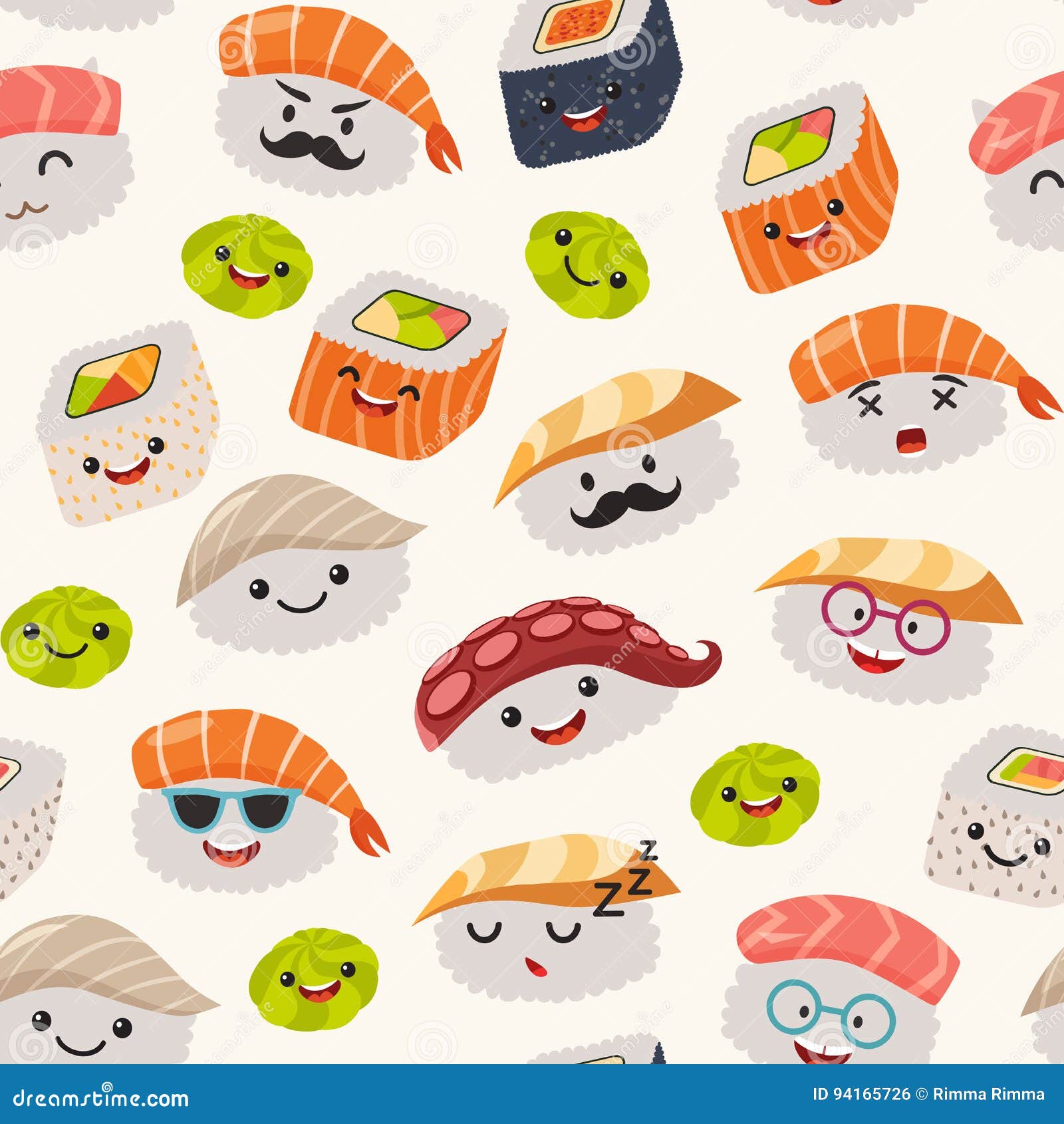  Sushi  Emoji Seamless Pattern Cartoon  Style Stock Vector 