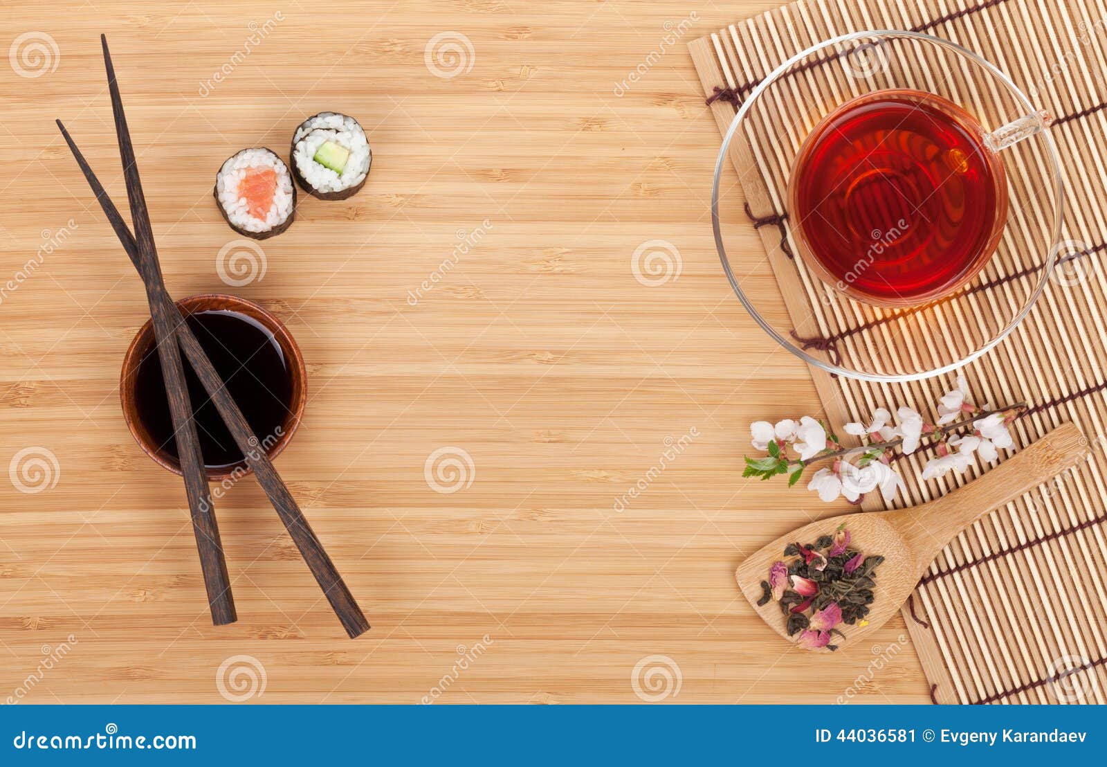 Sushi Maki Set, Herbal Tea and Sakura Branch Stock Image - Image of ...