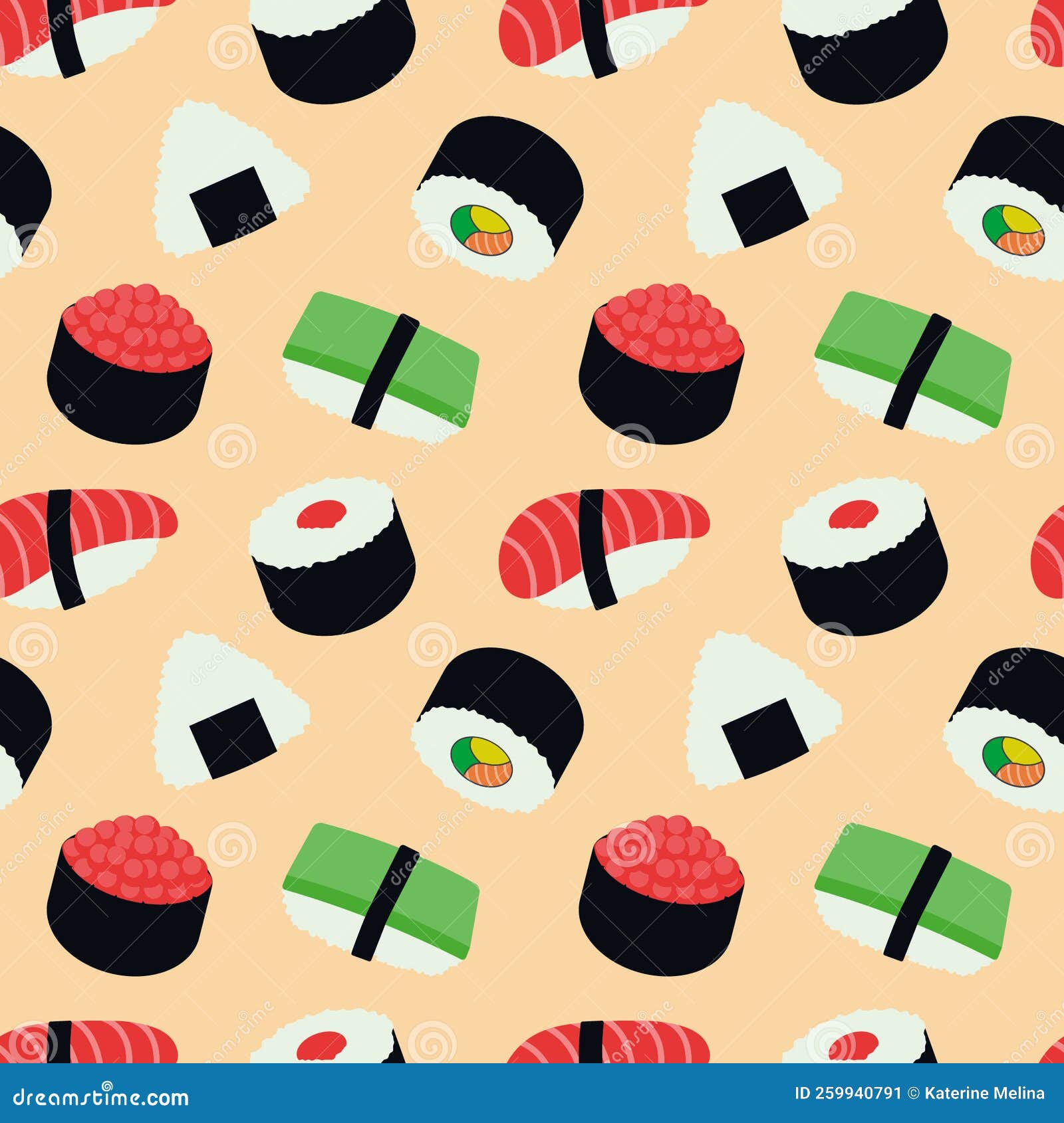 Sushi Seamless Pattern, Vector Illustration. Japanese Traditional Food ...