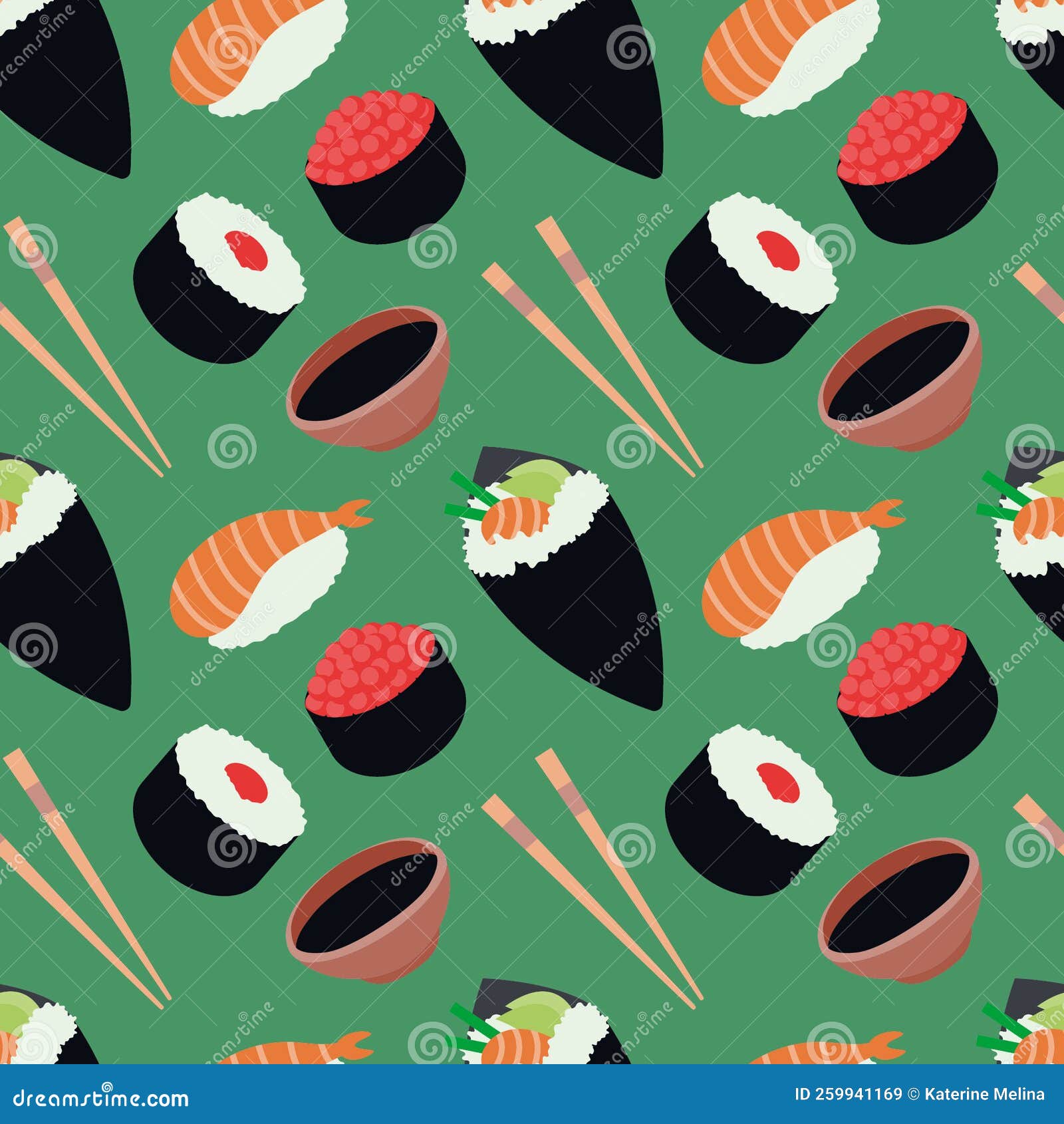 Sushi Seamless Pattern. Wrapping Paper Design for Asian Restaurant Food
