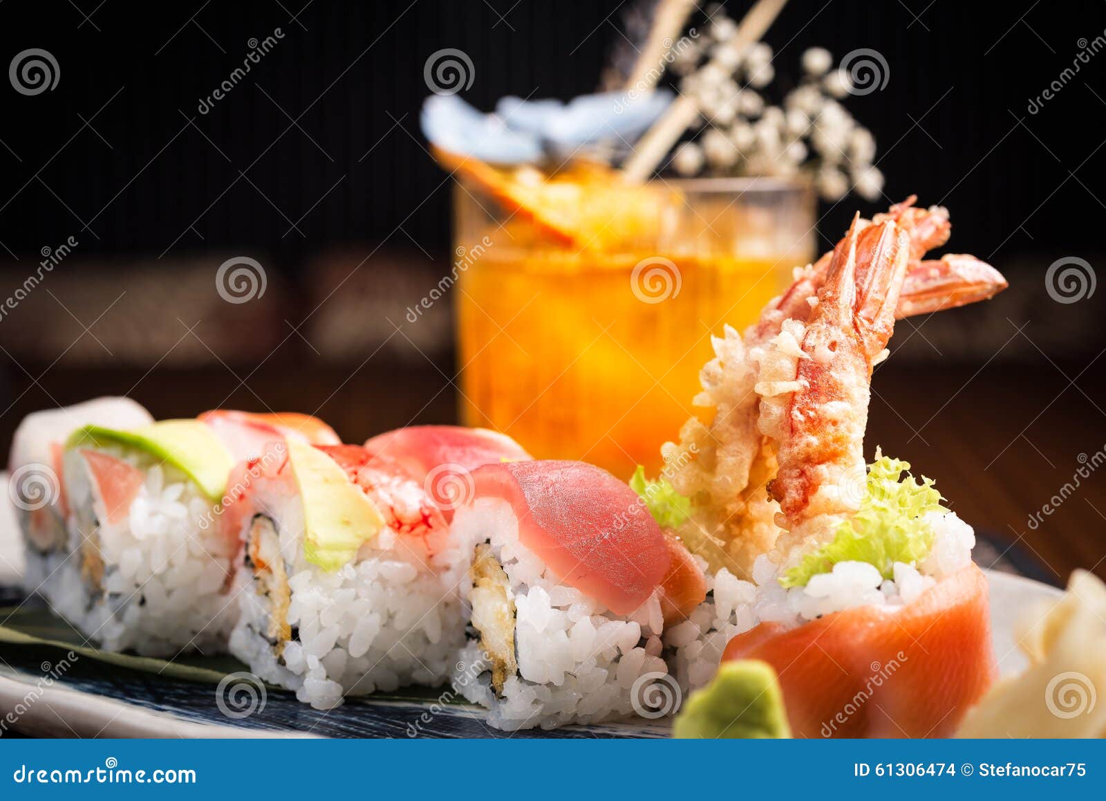 Sushi Plate and a Cocktail in a Japanese Restaurant Stock Photo Image