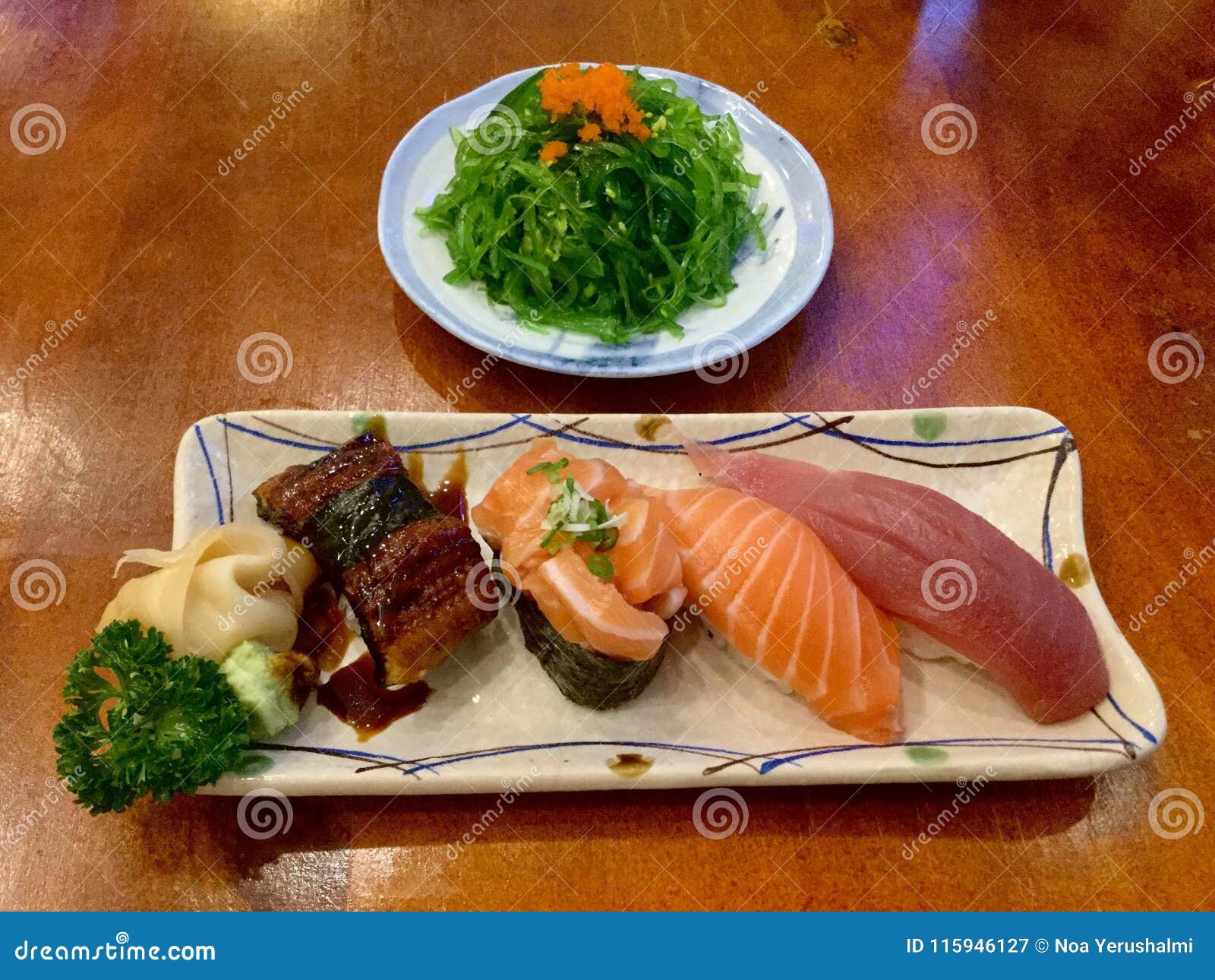 sushi plate and wakame salad