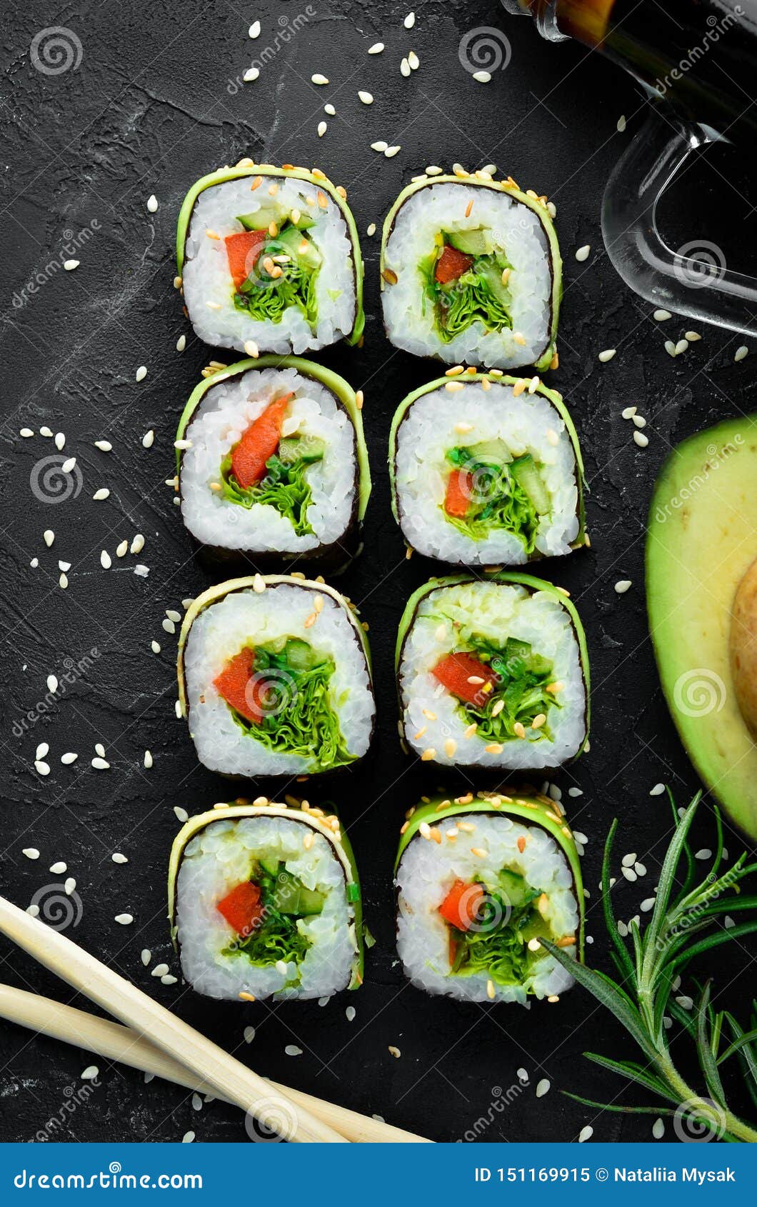 Sushi Roll With Avocado, Cucumber And Tomato. Japanese Cuisine. Stock