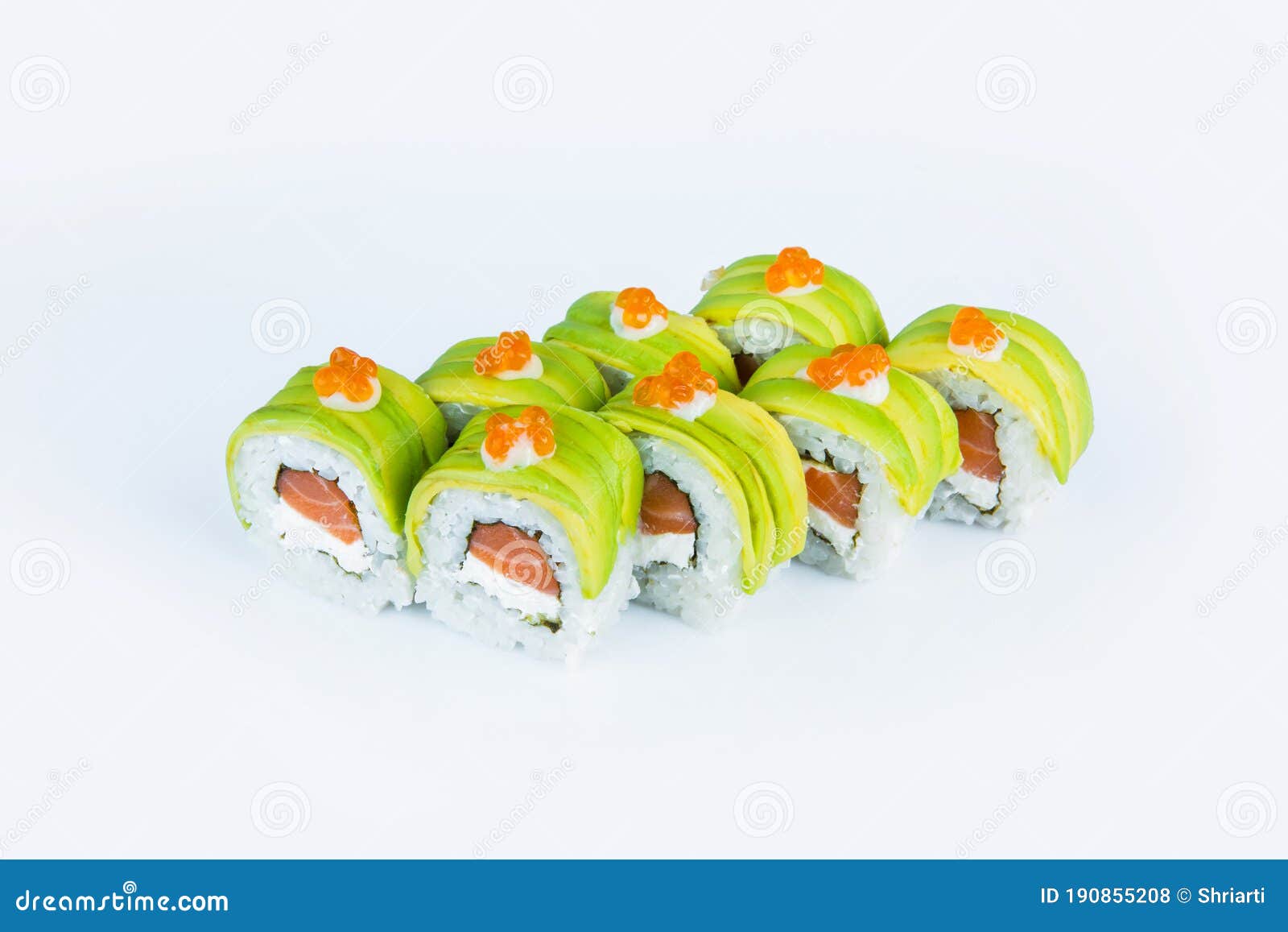 sekvens Bære holdall Sushi Roll with Avocado Slices and Red Caviar on Top Isolated on Gray  Background Stock Photo - Image of fresh, isolation: 190855208