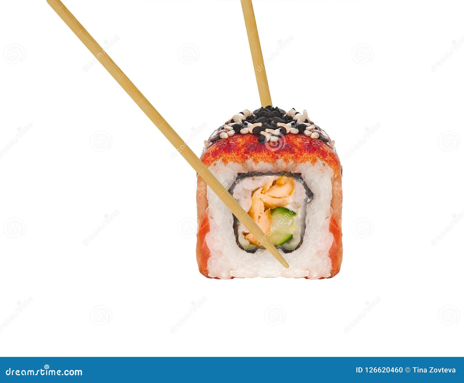 Sushi roll in chopsticks stock photo. Image of meal 126620460