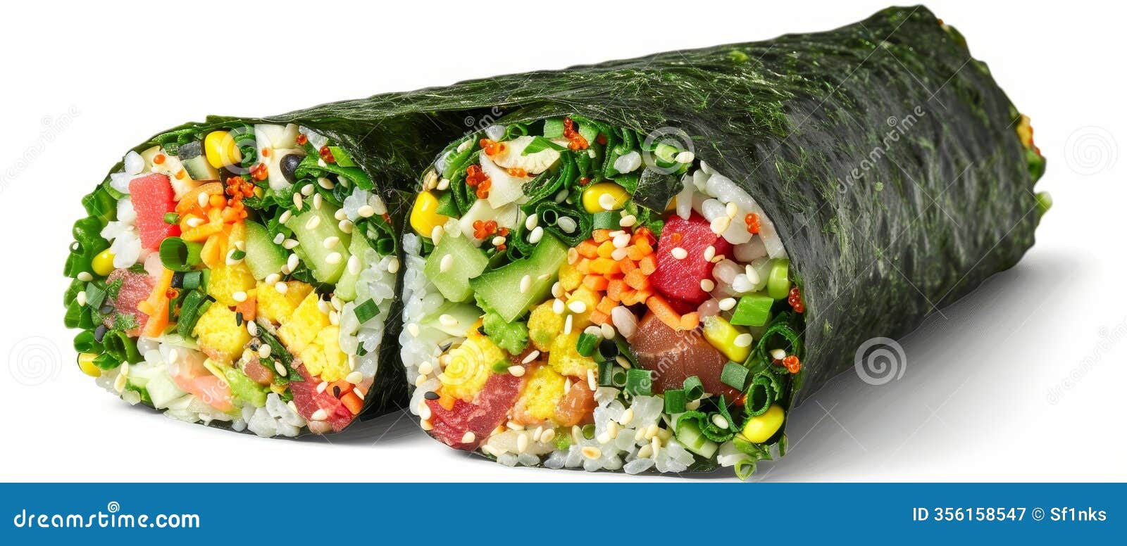 a sushi roll filled with a variety of fresh vegetables like cucumber, avocado, and bell peppers, neatly arranged and