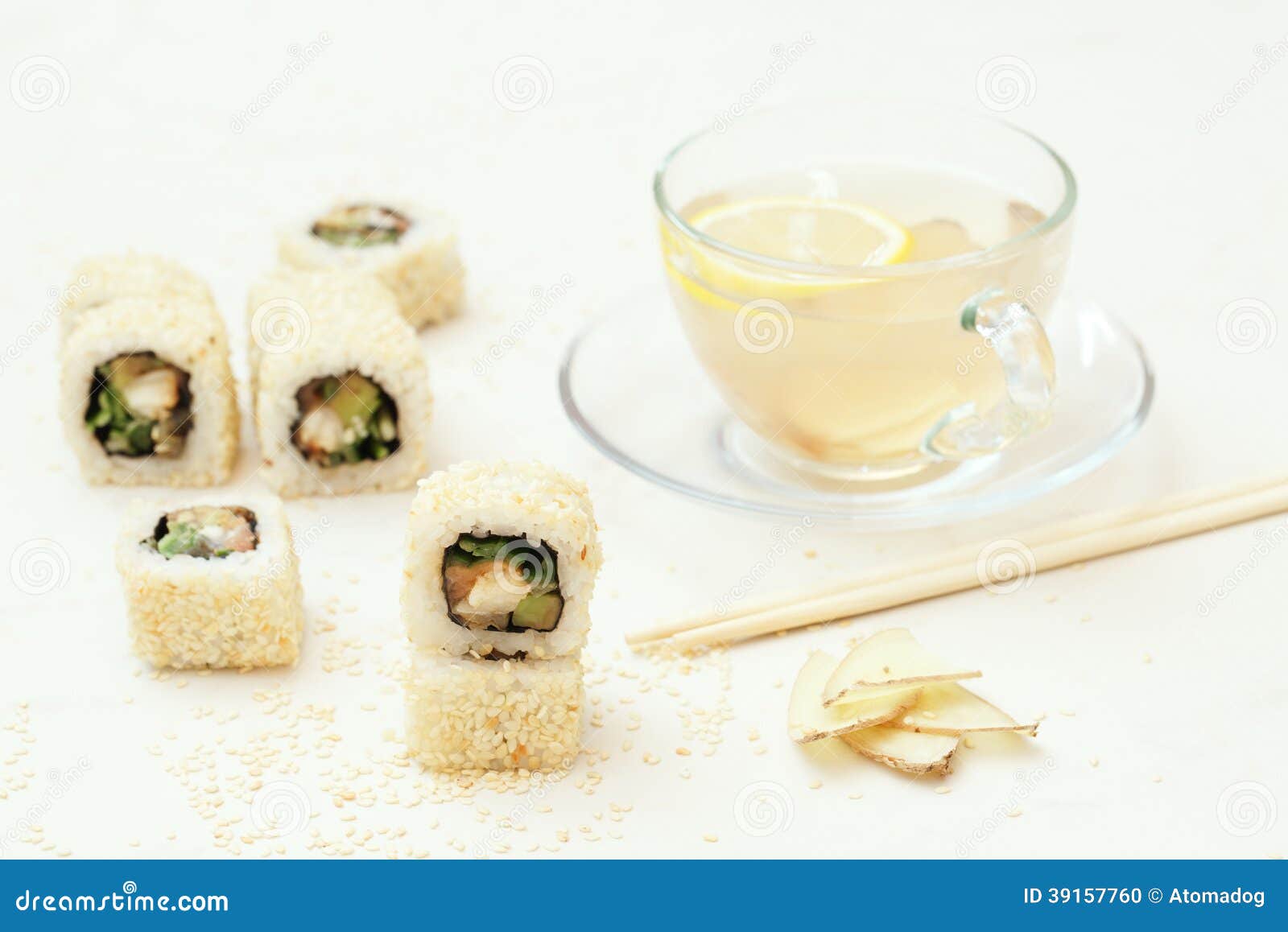 Sushi roll and ginger tea stock photo. Image of ginger 39157760