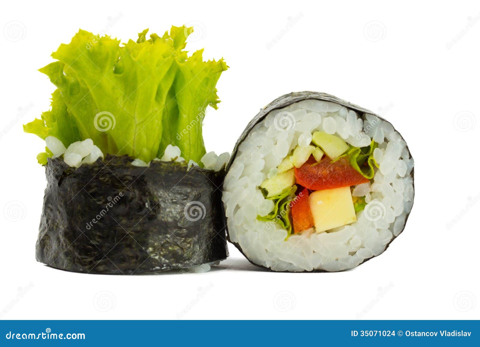 Sushi Roll in Nori with Vegetables Isolated on White Background Stock