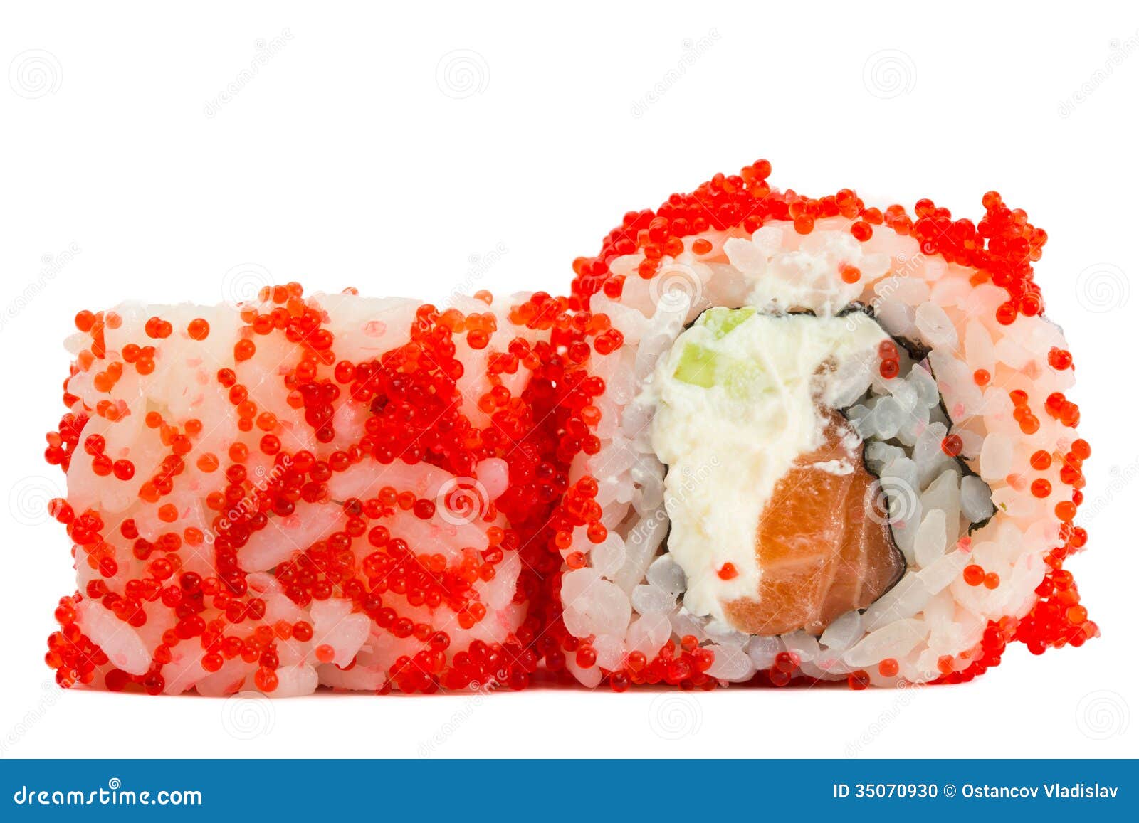 Sushi Roll With Red Caviar Isolated On White Background Stock Photo