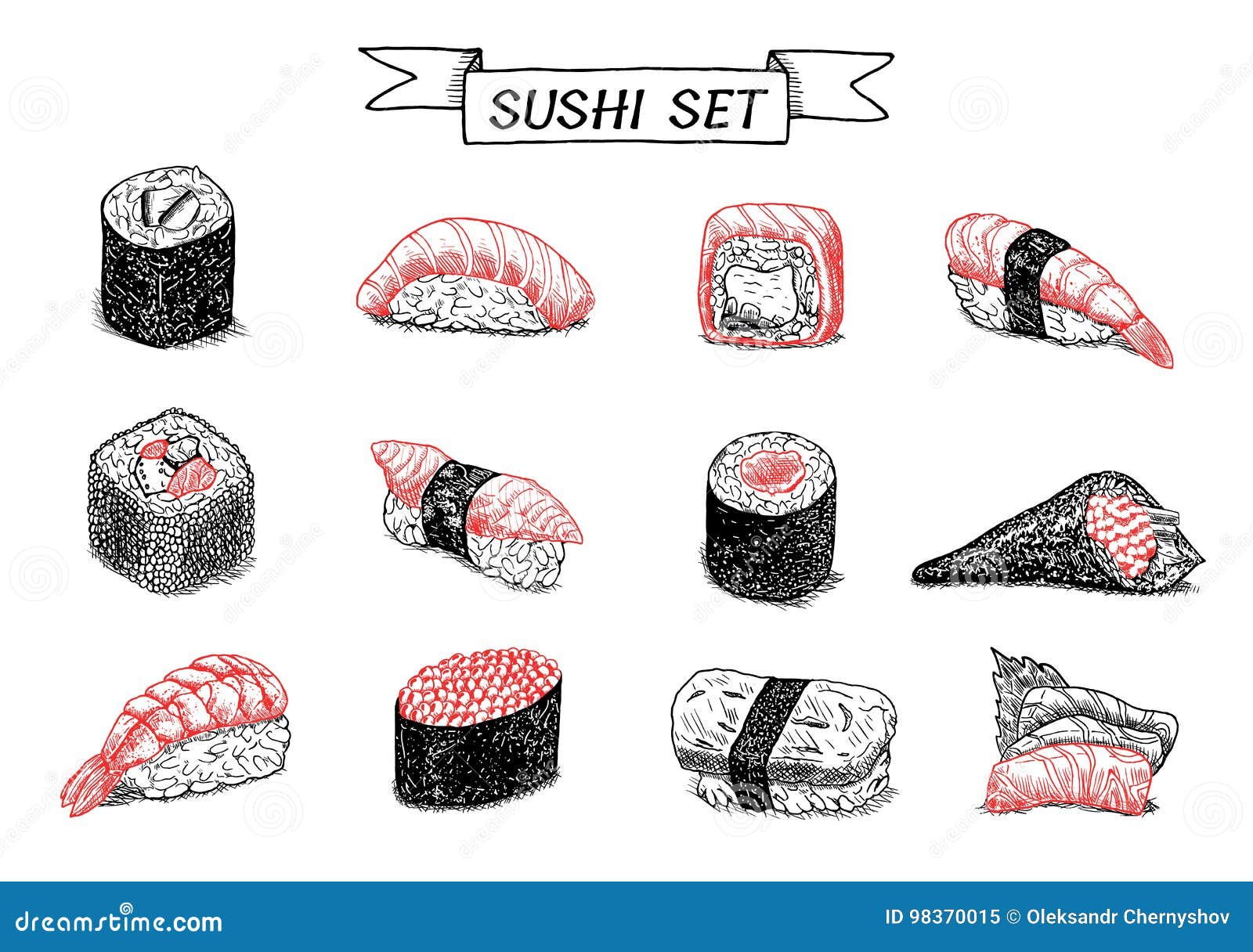 Sushi and Rolls Hand Drawn Color Illustration. Stock Illustration ...