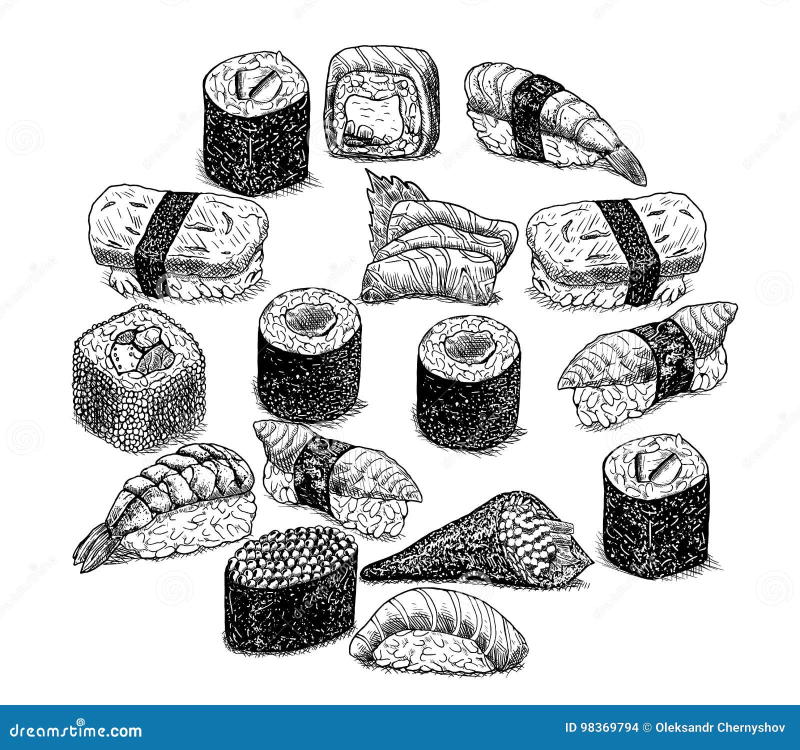 Sushi And Rolls Of Hand-drawn Illustration. Stock Illustration ...