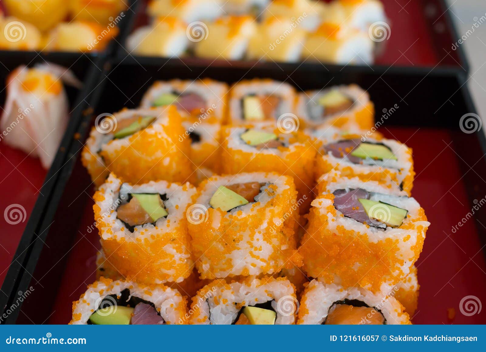 Sushi Rolls On A Plate With Seaweed And Flying Fish Stock Image Image Of Seaweed Sushi