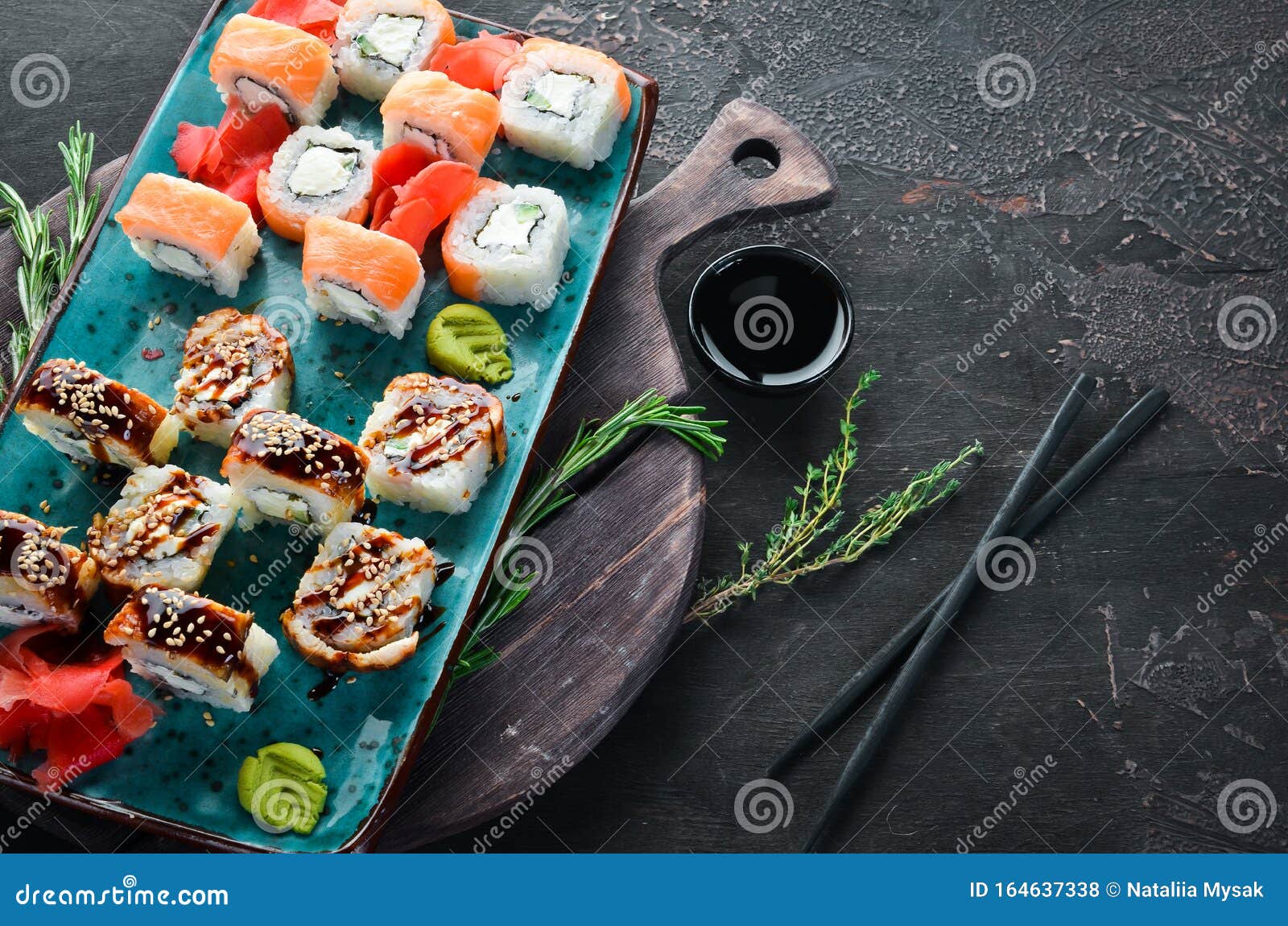 Sushi And Sushi Roll Set Rice Bowls Gunkan Set Tuna Tataki Stock