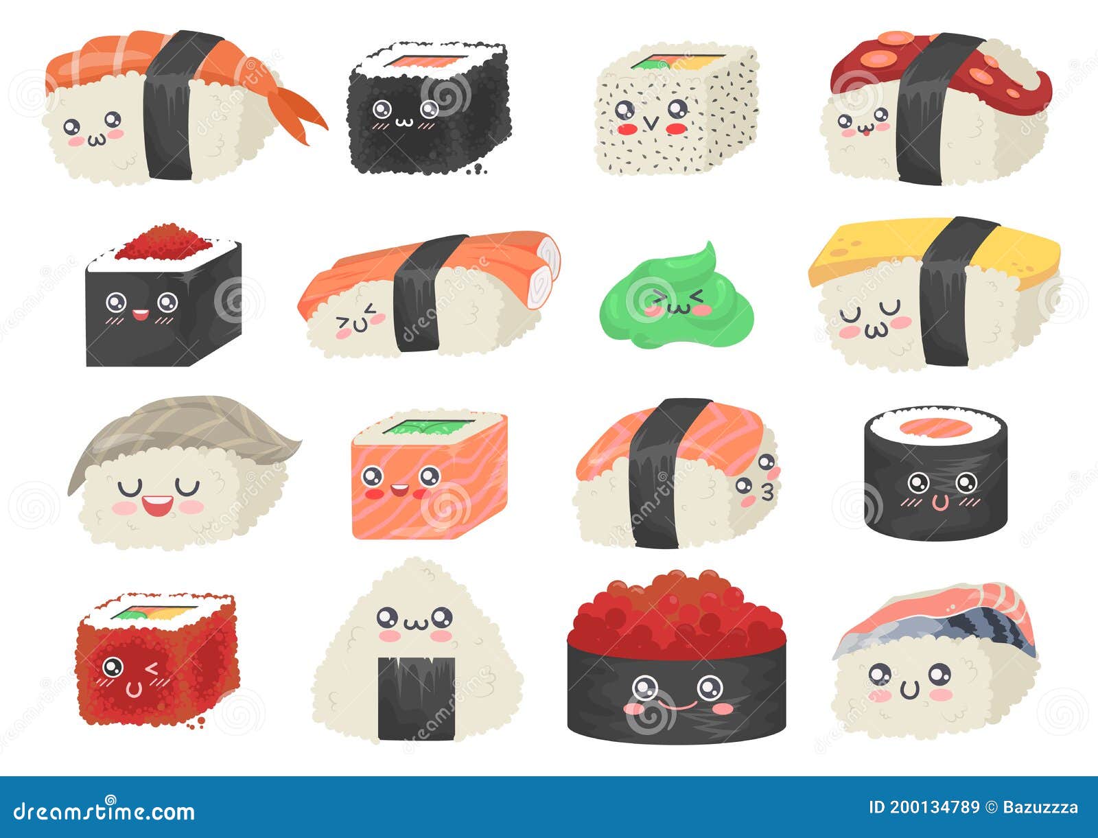 Sushi, Sashimi and Rolls, Cute and Funny Cartoon Character Set, Flat ...