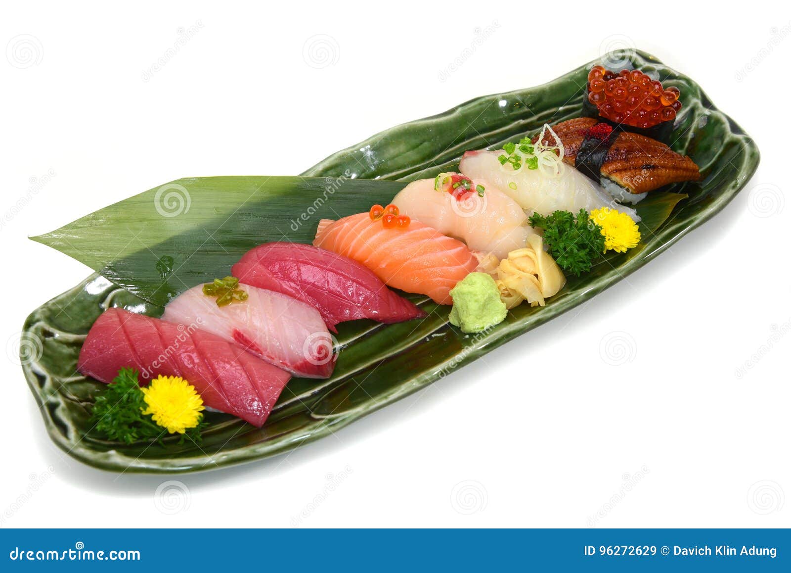 sushi set assorted nigiri platter on plate white background with