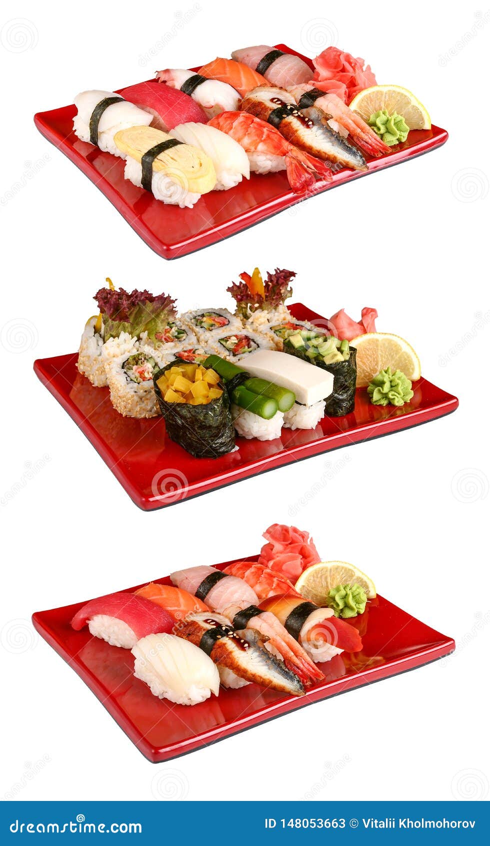 Sushi set in red plates stock image. Image of sushi 148053663