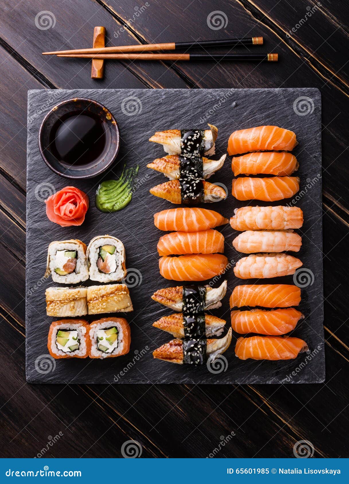 Sushi Set on stone slate stock image. Image of wasabi 65601985