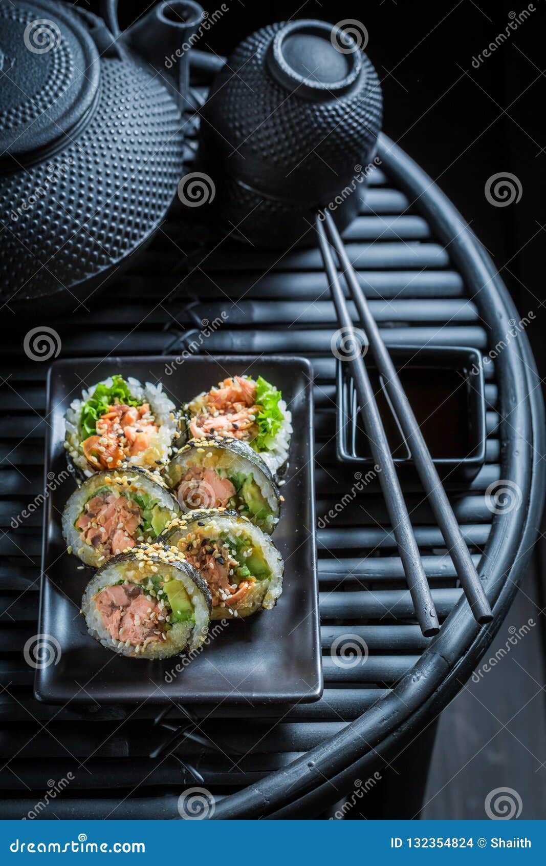 Sushi Set with Wasabi and Soy Sauce on Table Stock Photo Image of
