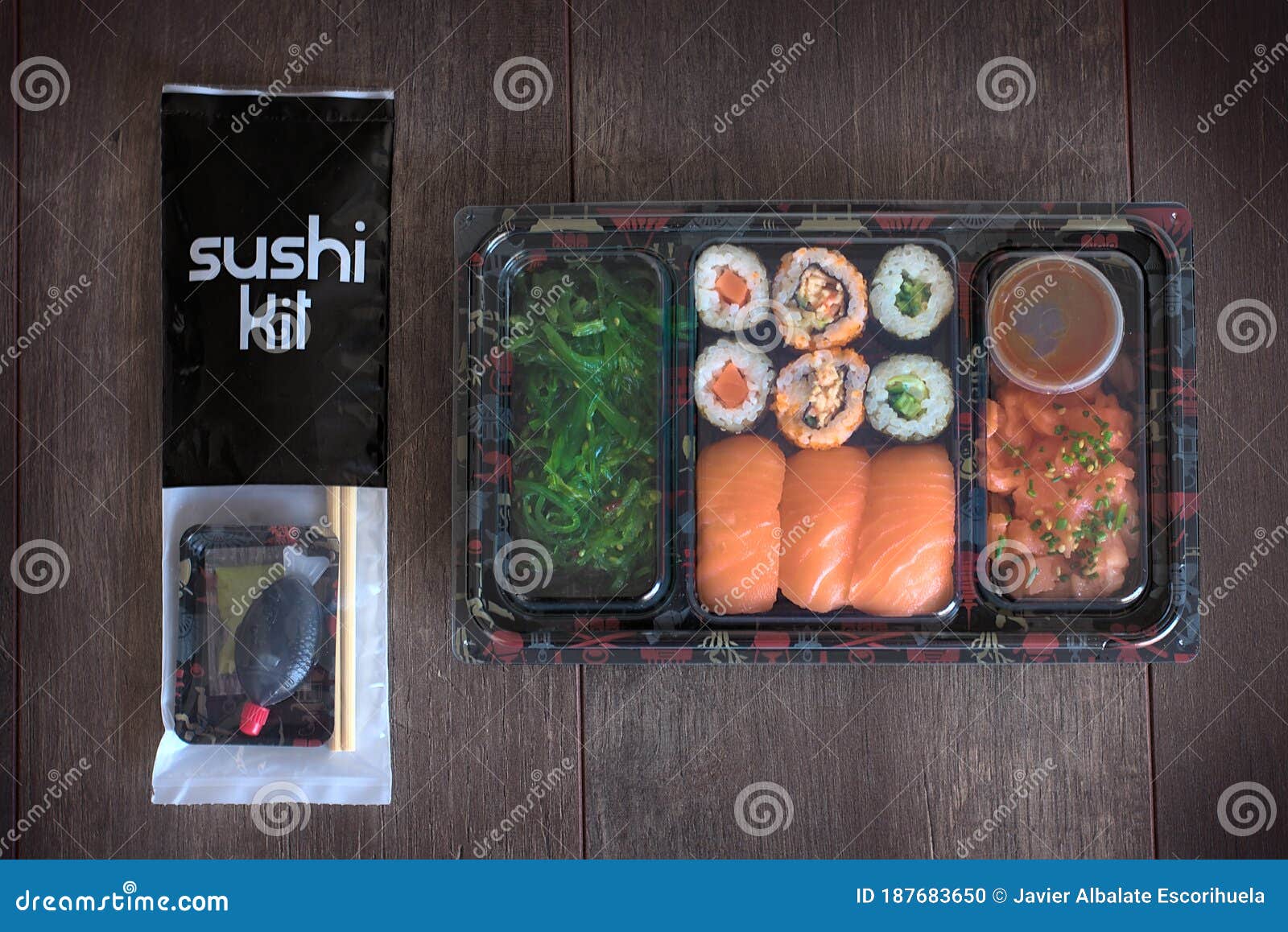 Sushi Tray To Go with Chopsticks Kit, Soy Sauce and Wasabi.Nigiri. Maki.  Sashimi. Salmon. Tuna. Soy. Wakame Stock Photo - Image of fast, delivering:  187683650