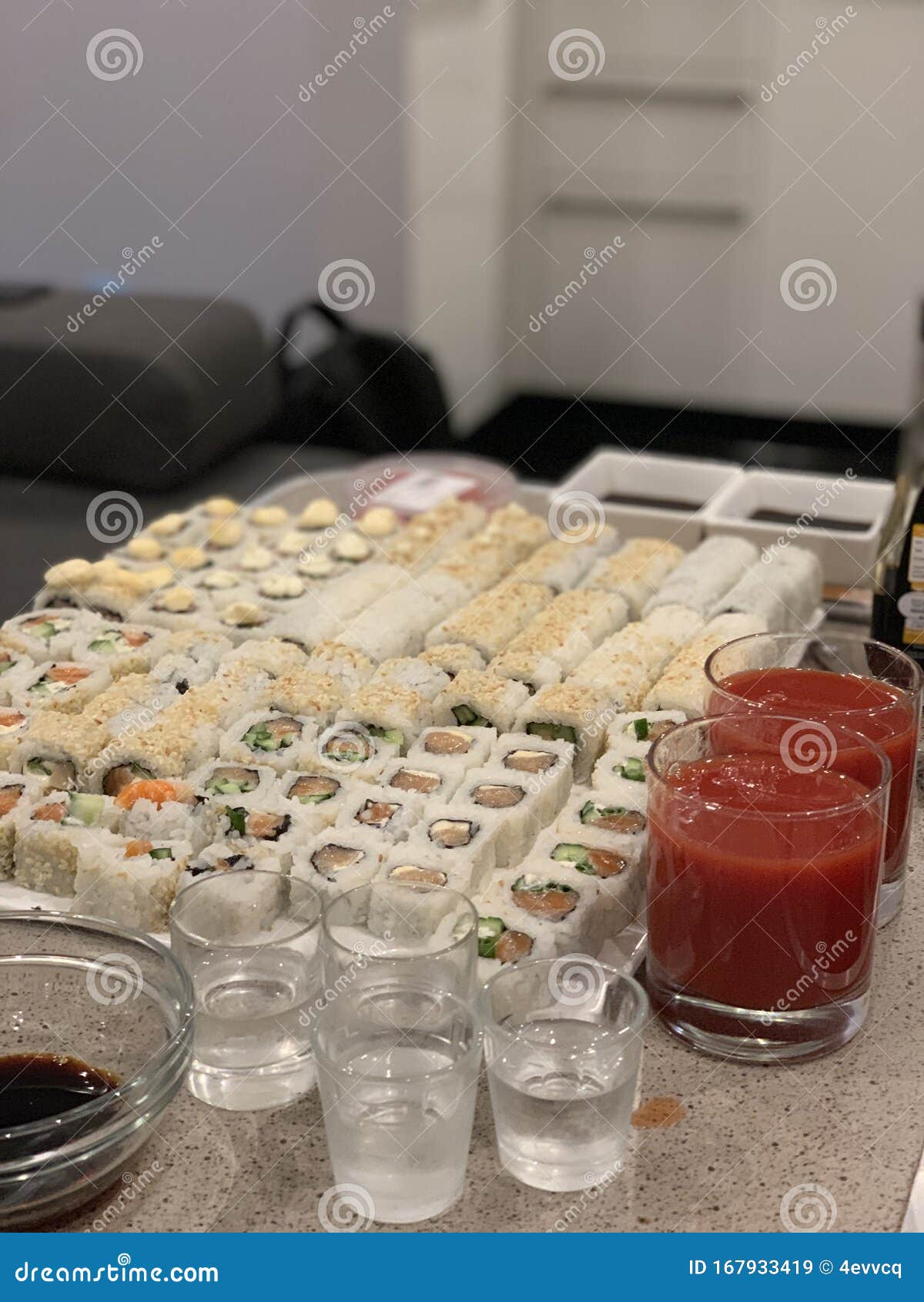 Sushi Vodka Juice on the Table Stock Image Image of table, vodka