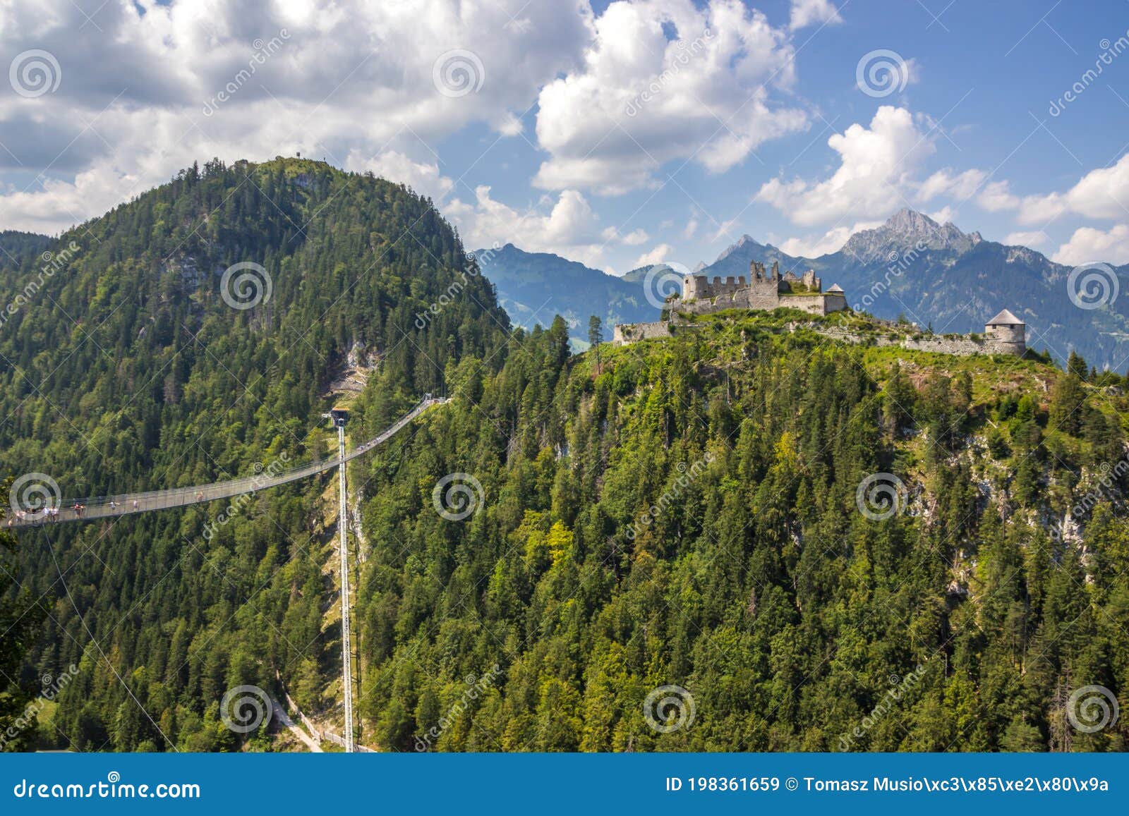 Suspension bridge in Alps stock image. Image of blue 198361659