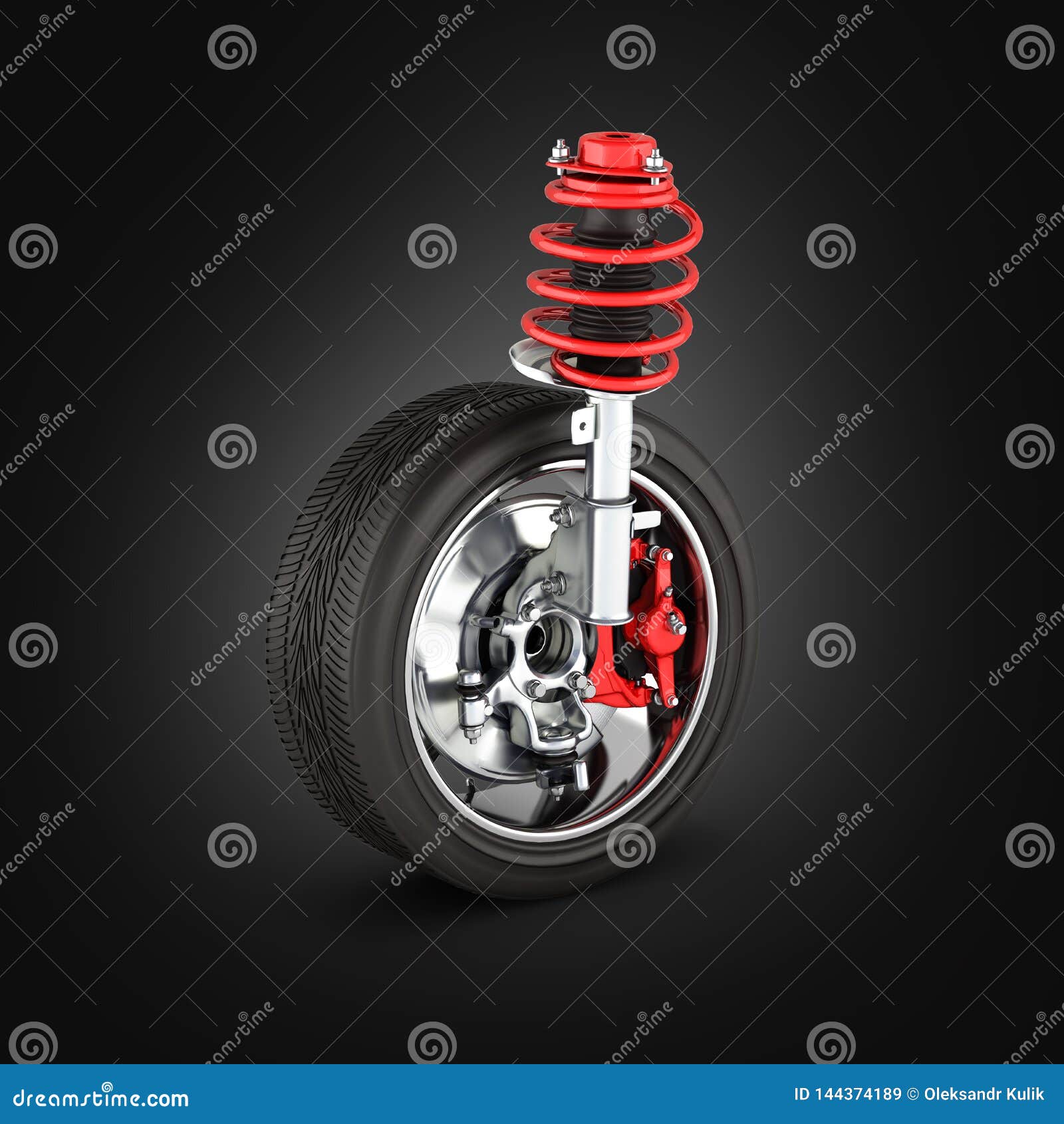 Suspension of the Car with Wheel on Black Background 3d Stock