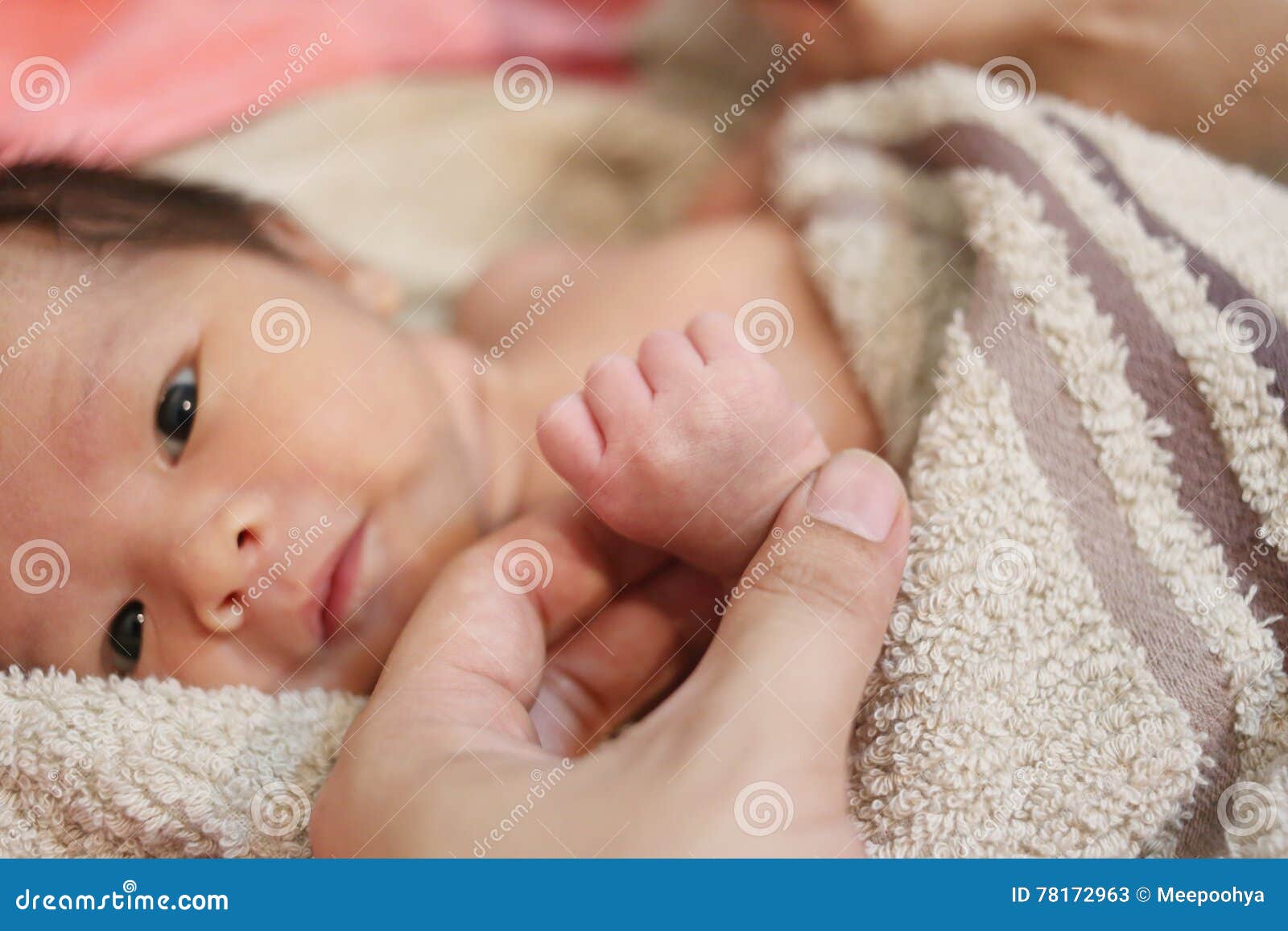 The Baby Brought By Master Is Suspicious Suspicious Baby Boy Facial Expressions on the Bed. Stock Image - Image