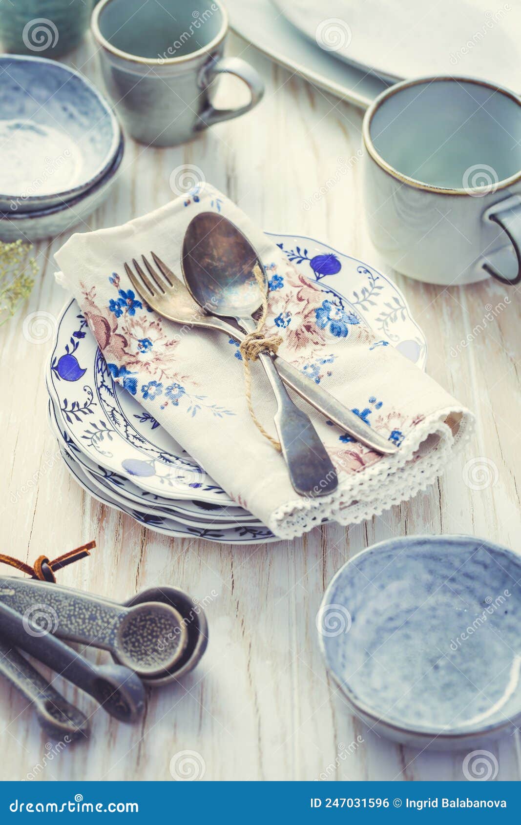 Sustainability Concept Stoneware and Kitchenware on Wooden Table