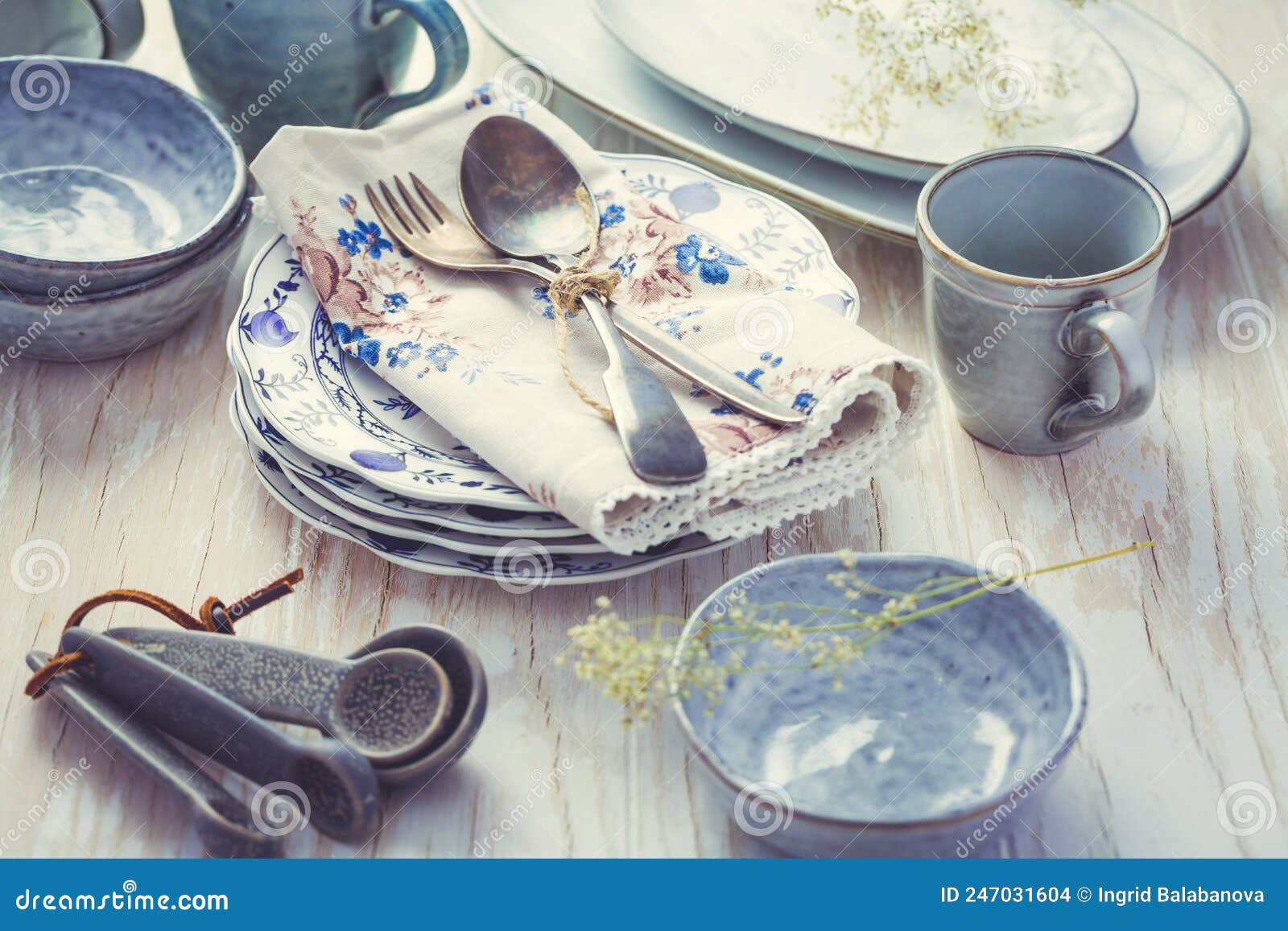 Sustainability Concept Stoneware and Kitchenware on Wooden Table