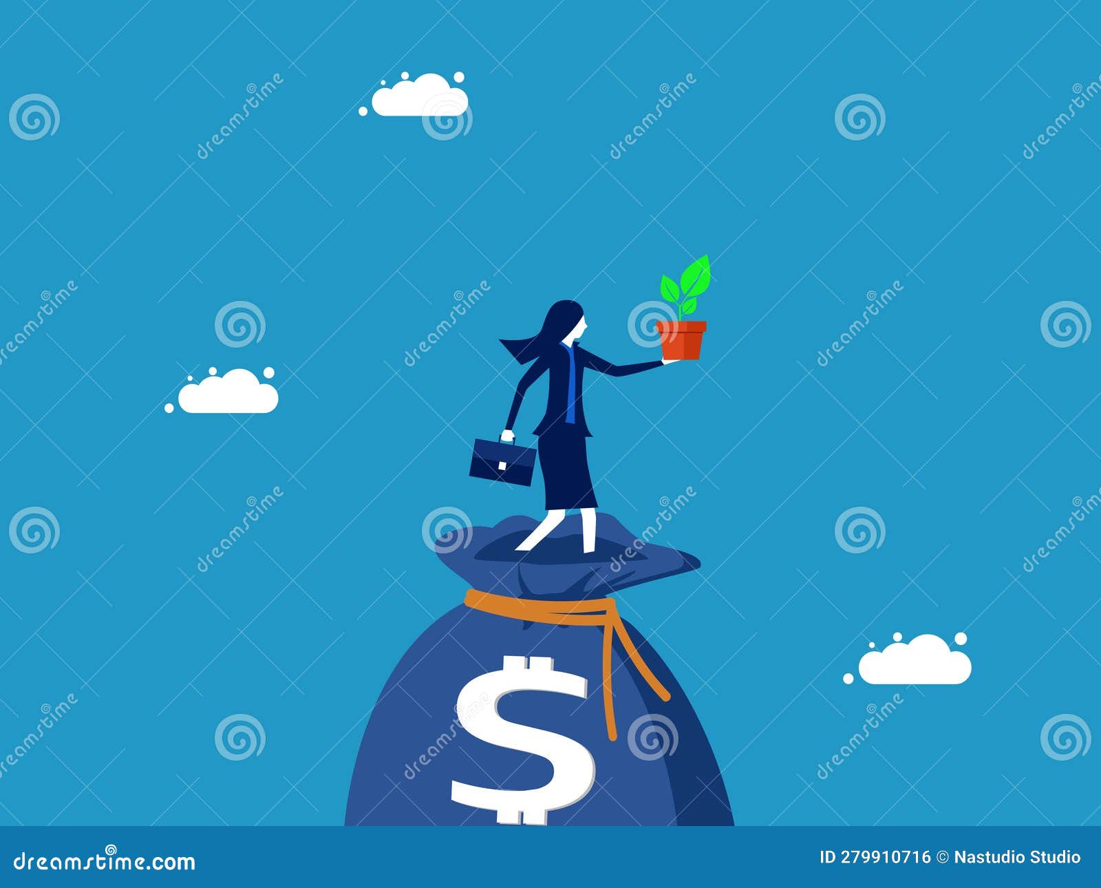 Sustainability and Wealth. Businesswoman Holding a Tree on a Money Bag