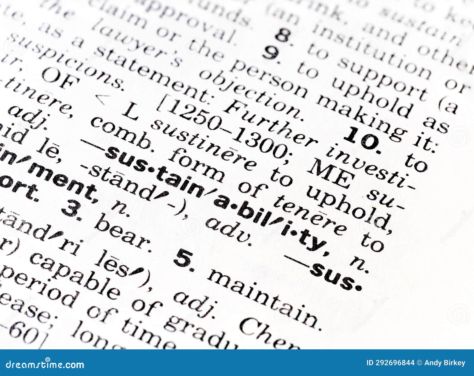 Closeup of the Word Sustainability in the Dictionary Stock Photo